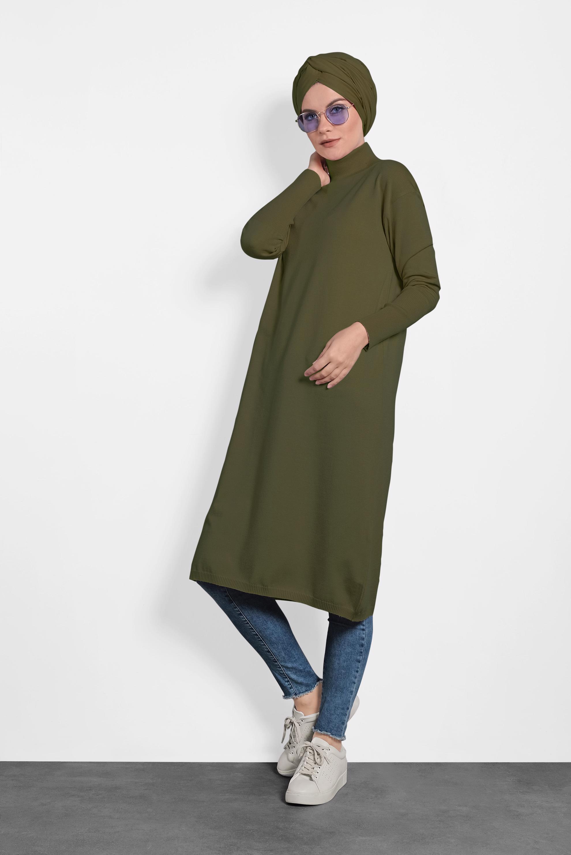Tesettür giyim HAKİ BALIKÇI YAKA UZUN TRİKO TUNİK 40022