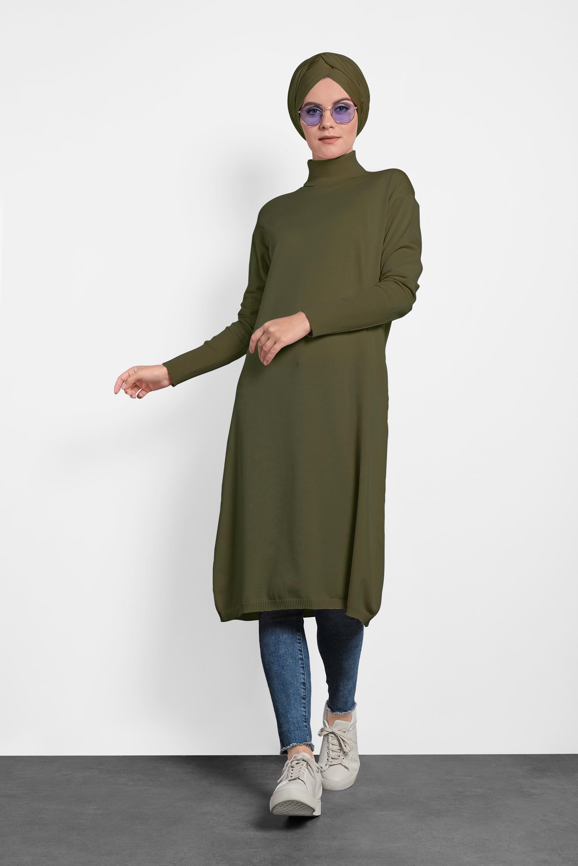 Tesettür giyim HAKİ BALIKÇI YAKA UZUN TRİKO TUNİK 40022