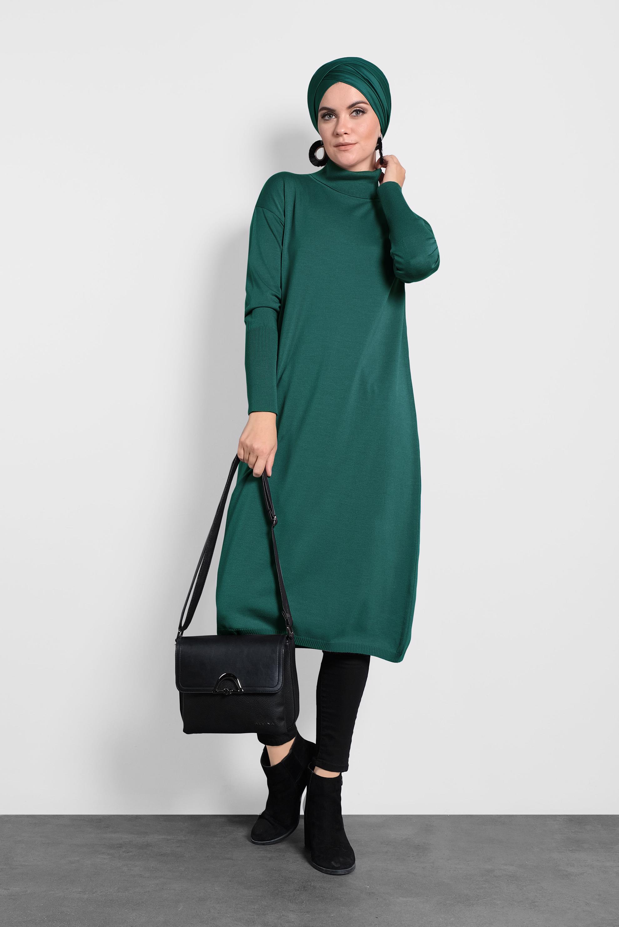 Tesettür giyim MAVİ BALIKÇI YAKA UZUN TRİKO TUNİK 40022