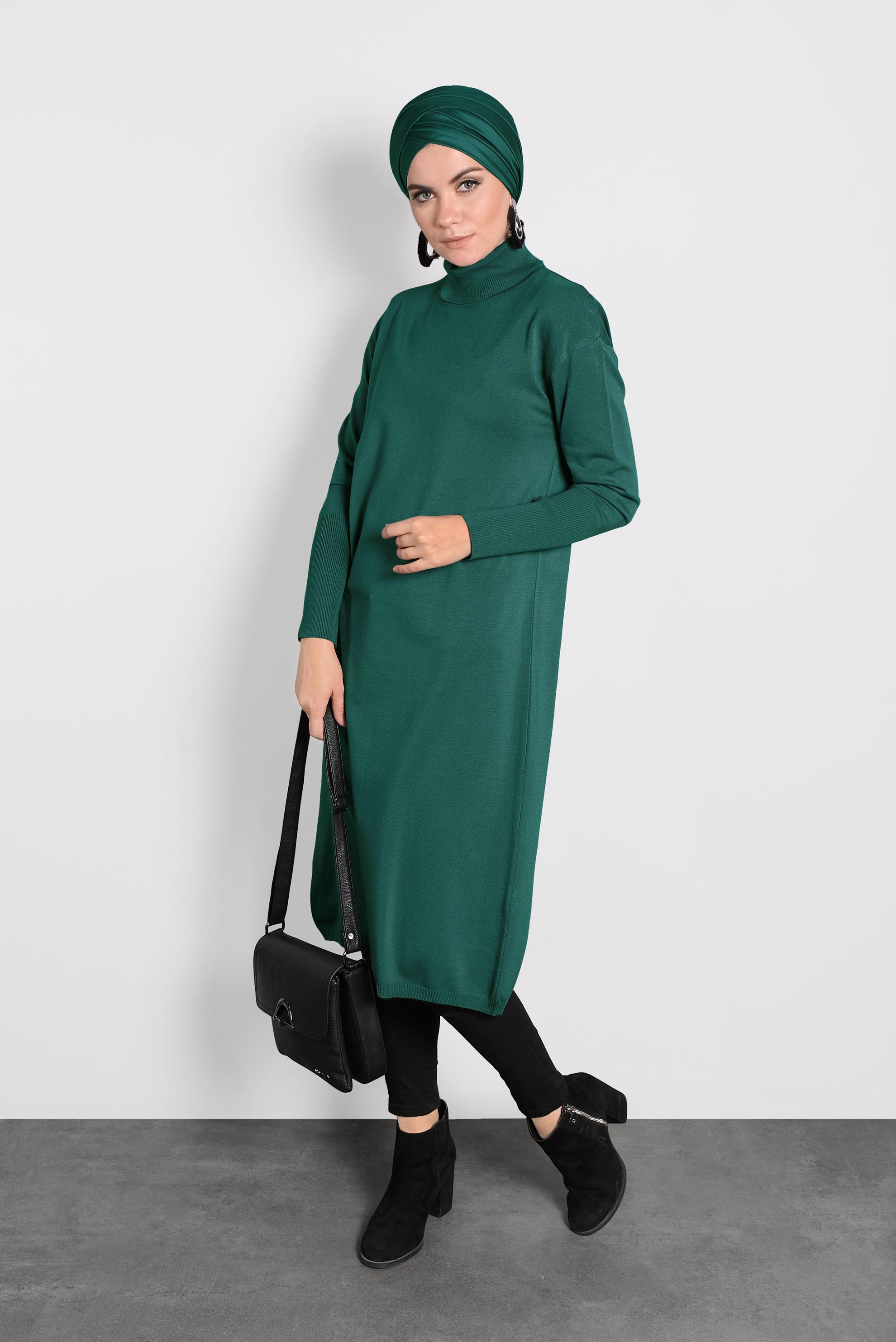 Tesettür giyim MAVİ BALIKÇI YAKA UZUN TRİKO TUNİK 40022