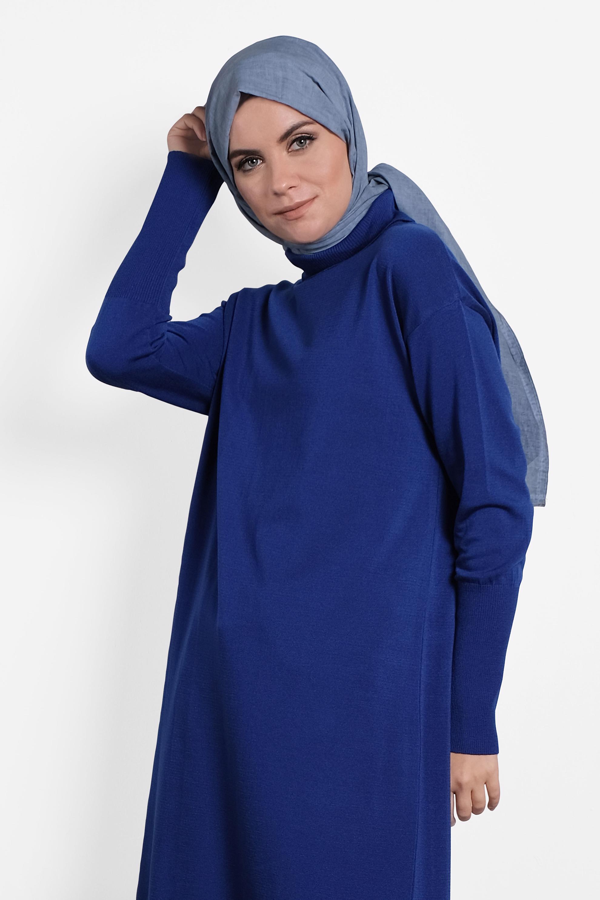 Tesettür giyim LACİVERT BALIKÇI YAKA UZUN TRİKO TUNİK 40022