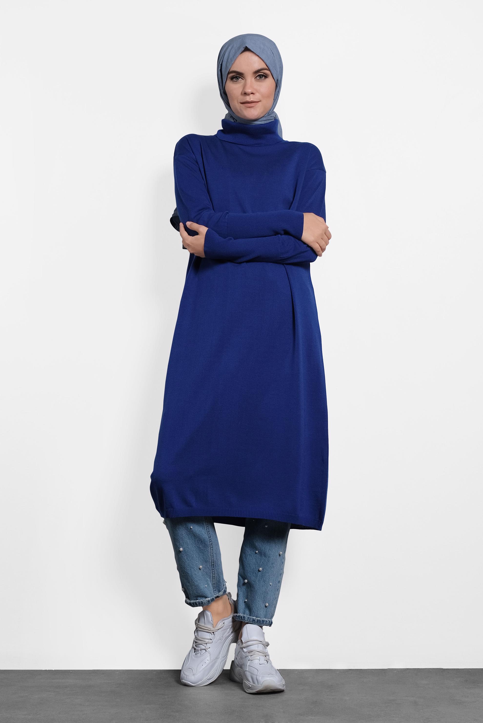 Tesettür giyim LACİVERT BALIKÇI YAKA UZUN TRİKO TUNİK 40022