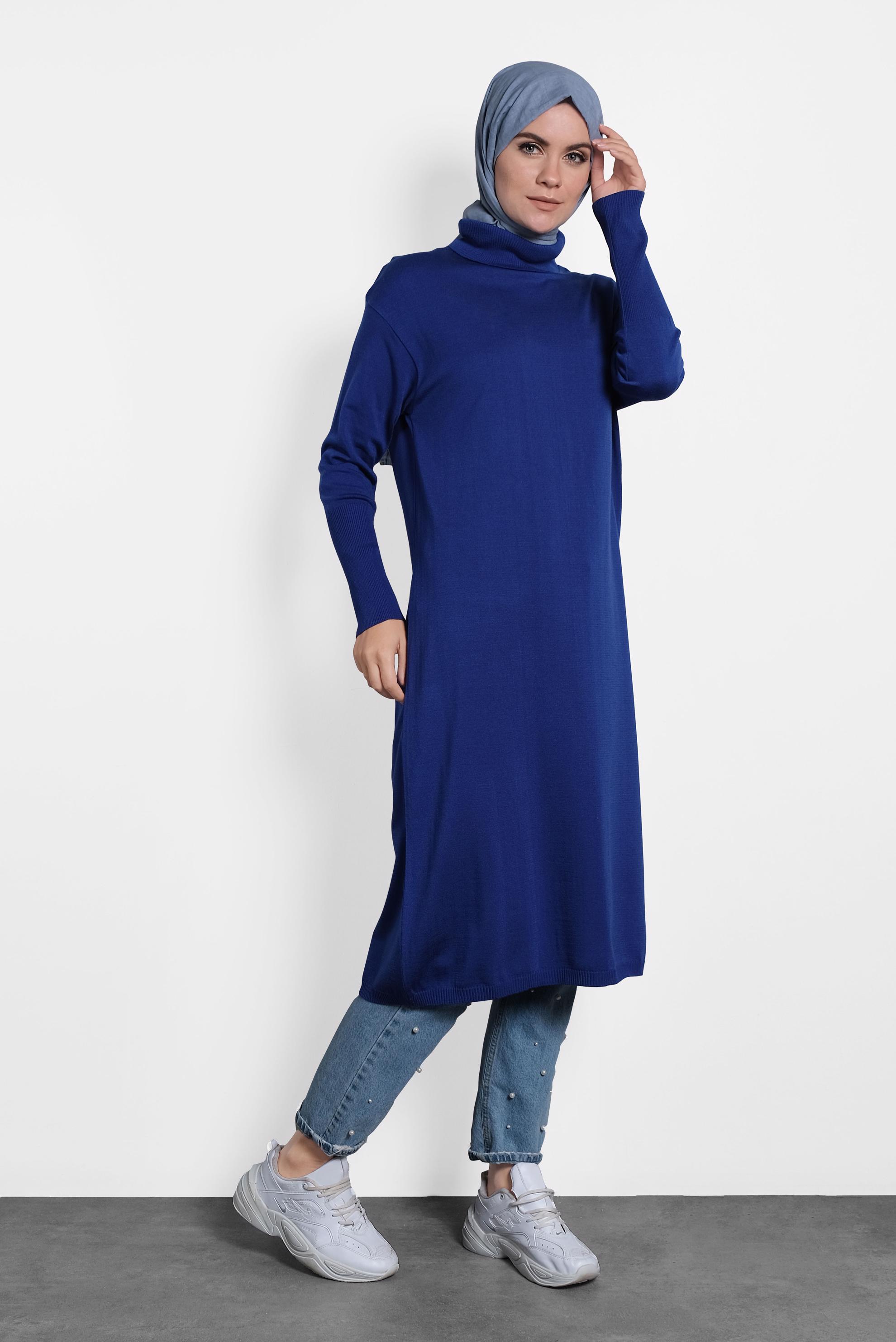 Tesettür giyim LACİVERT BALIKÇI YAKA UZUN TRİKO TUNİK 40022