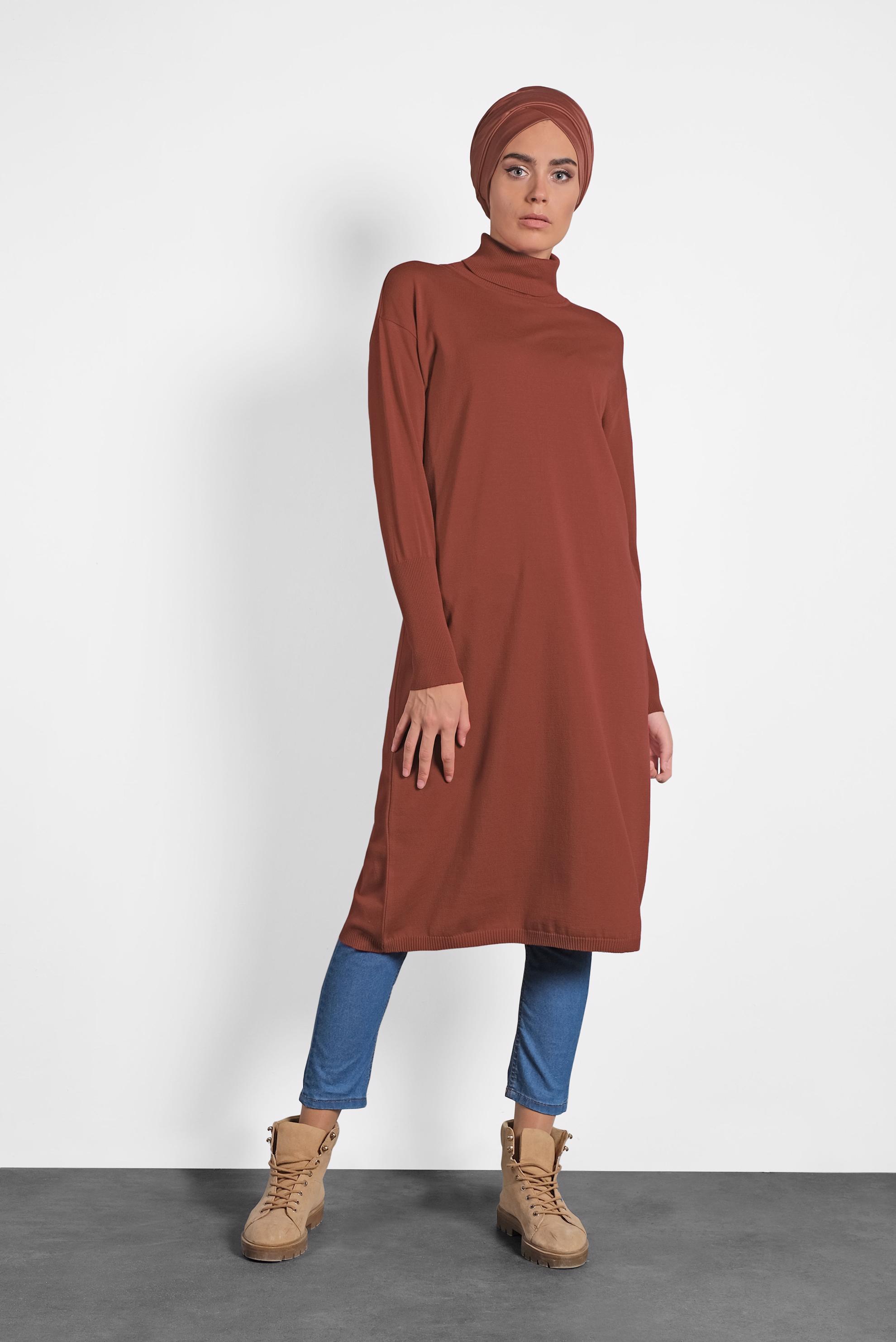 Tesettür giyim KAHVE BALIKÇI YAKA UZUN TRİKO TUNİK 40022