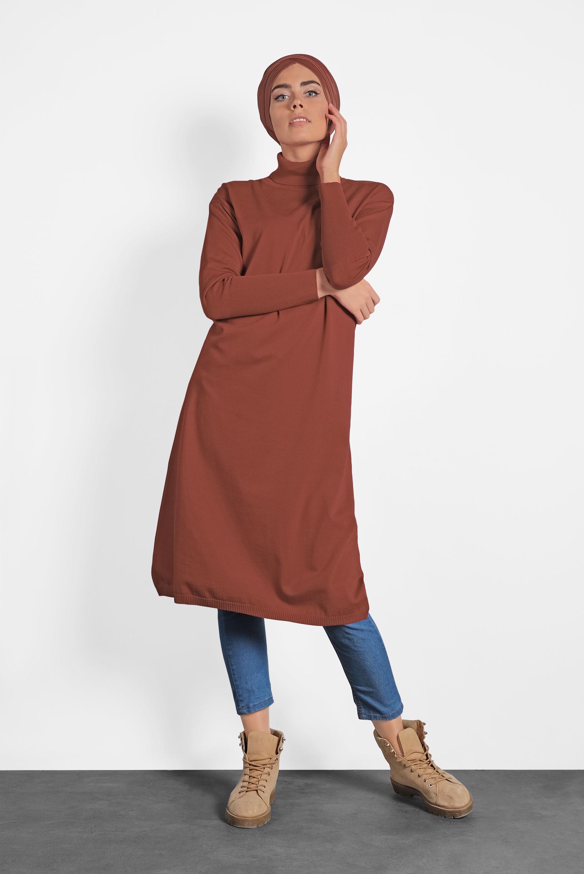 Tesettür giyim KAHVE BALIKÇI YAKA UZUN TRİKO TUNİK 40022