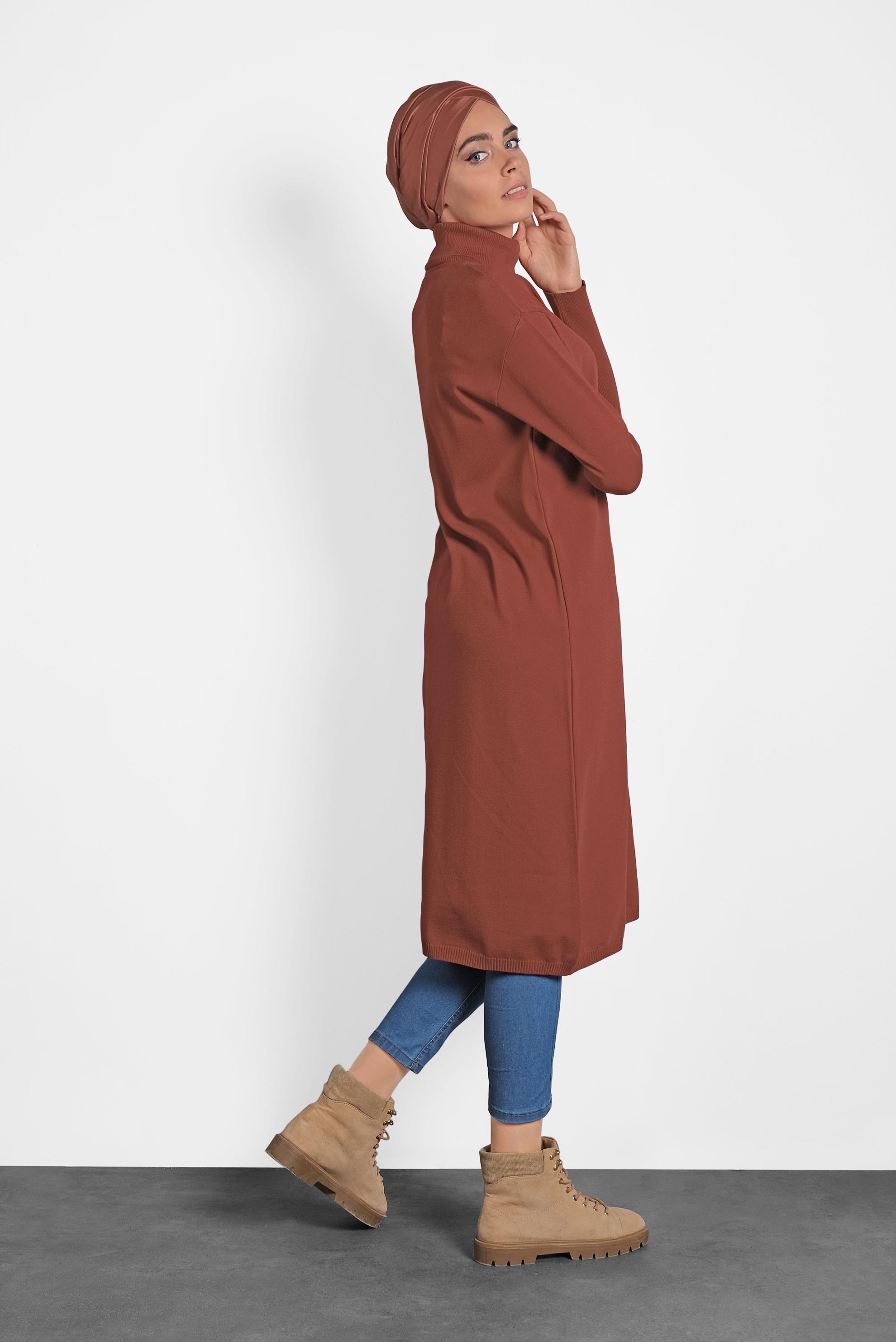 Tesettür giyim KAHVE BALIKÇI YAKA UZUN TRİKO TUNİK 40022