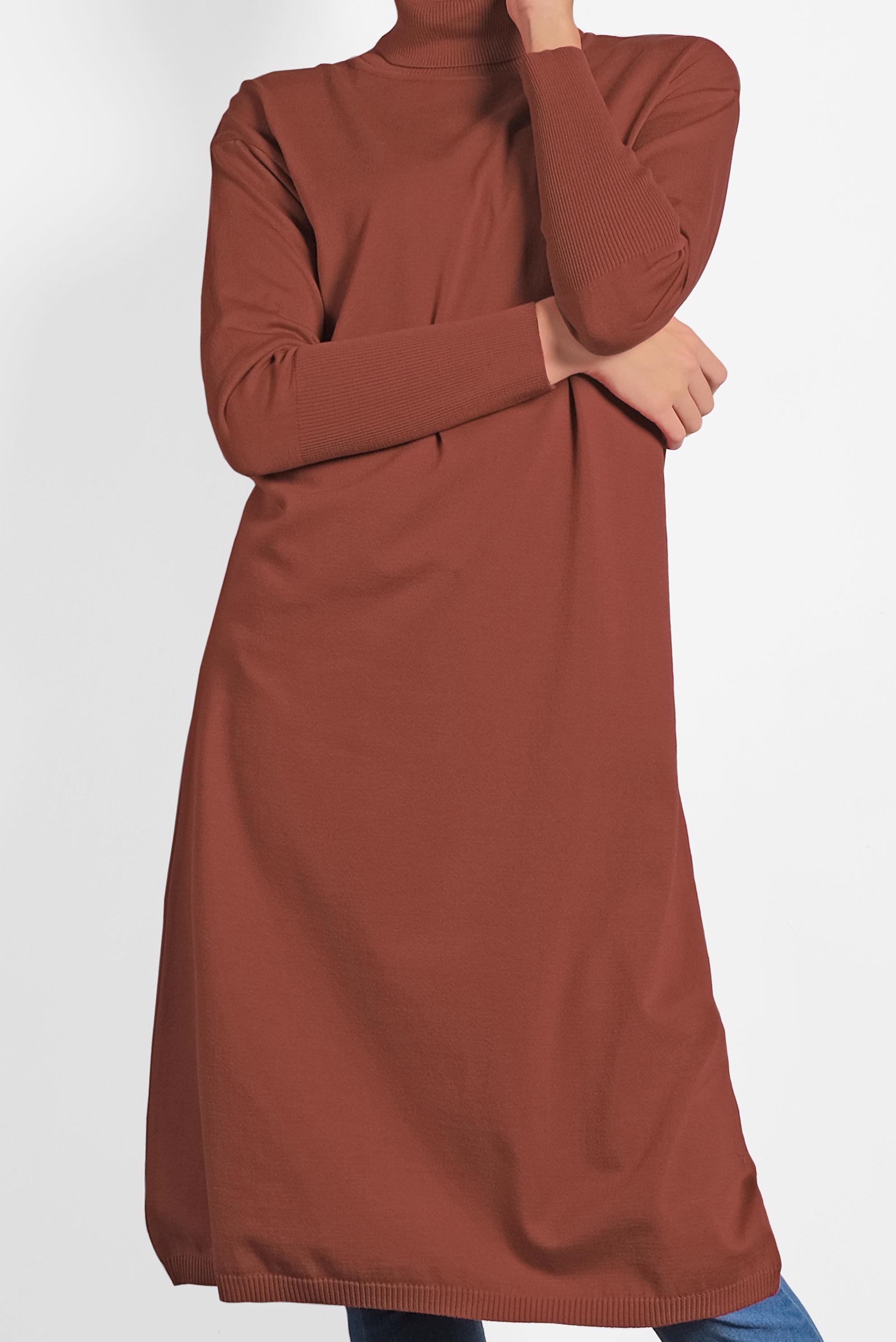 Tesettür giyim KAHVE BALIKÇI YAKA UZUN TRİKO TUNİK 40022