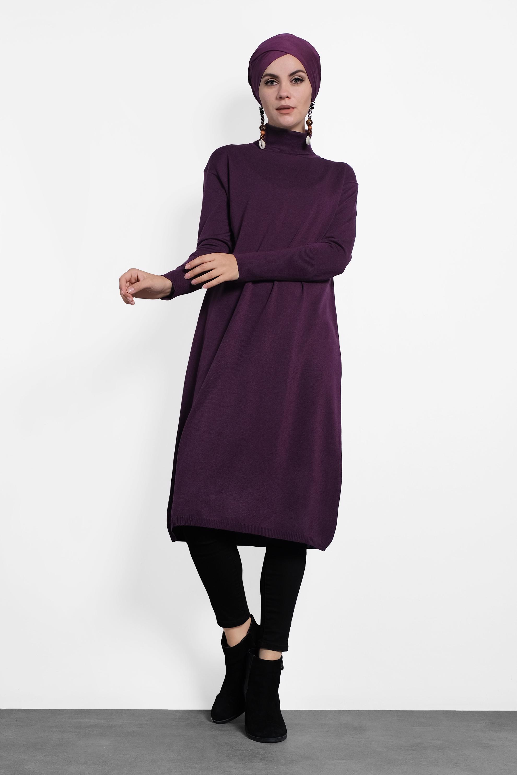 Tesettür giyim MÜRDÜM BALIKÇI YAKA UZUN TRİKO TUNİK 40022