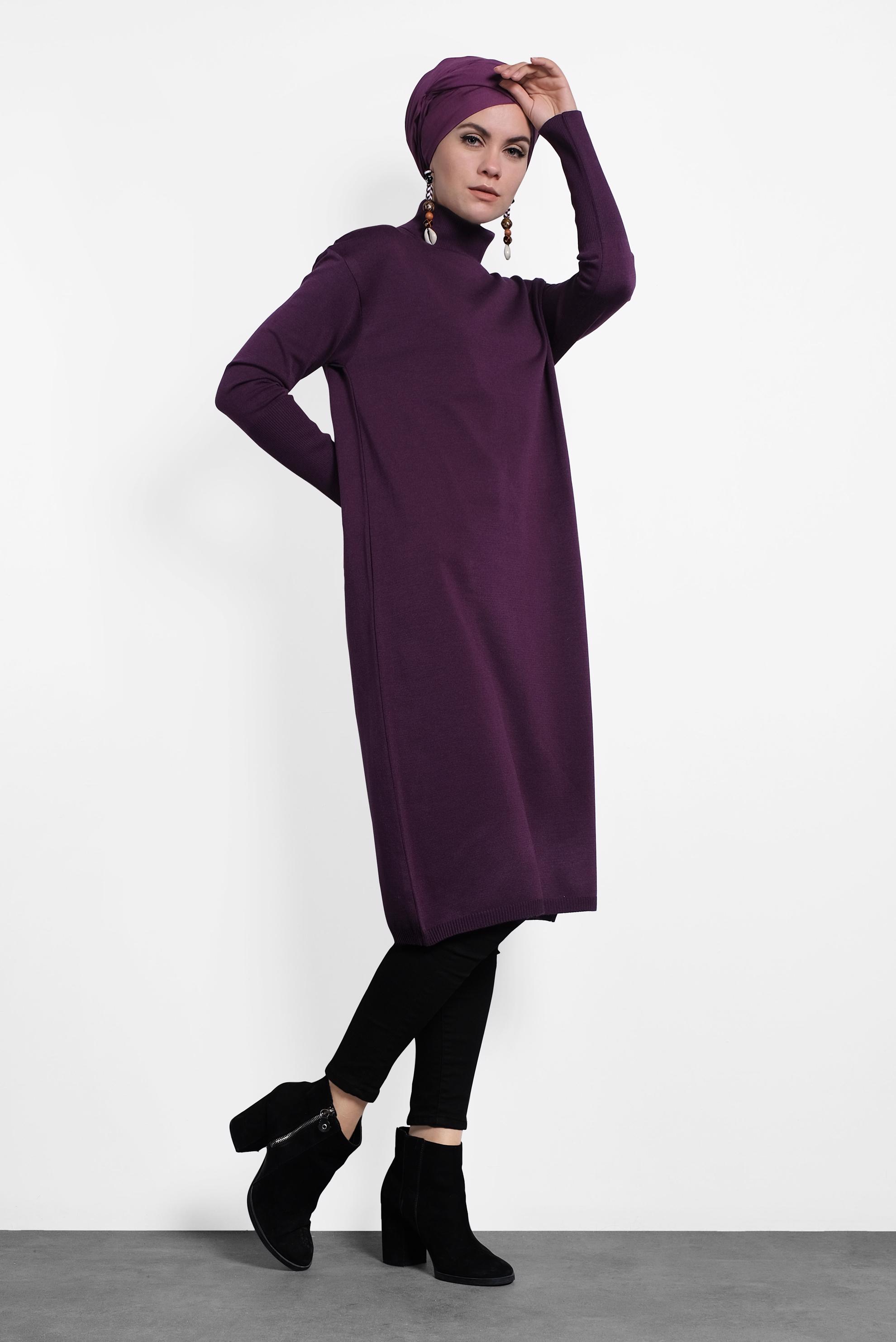 Tesettür giyim MÜRDÜM BALIKÇI YAKA UZUN TRİKO TUNİK 40022