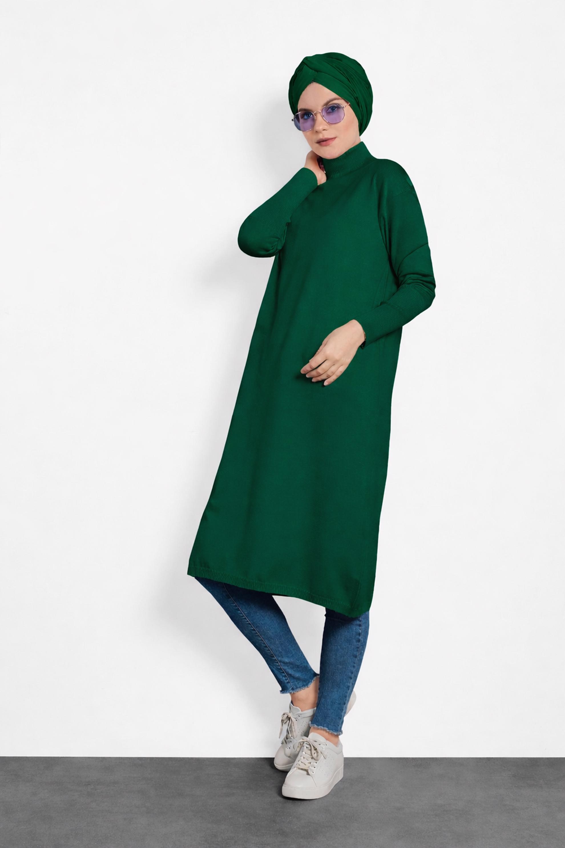 Tesettür giyim YEŞİL BALIKÇI YAKA UZUN TRİKO TUNİK 40022