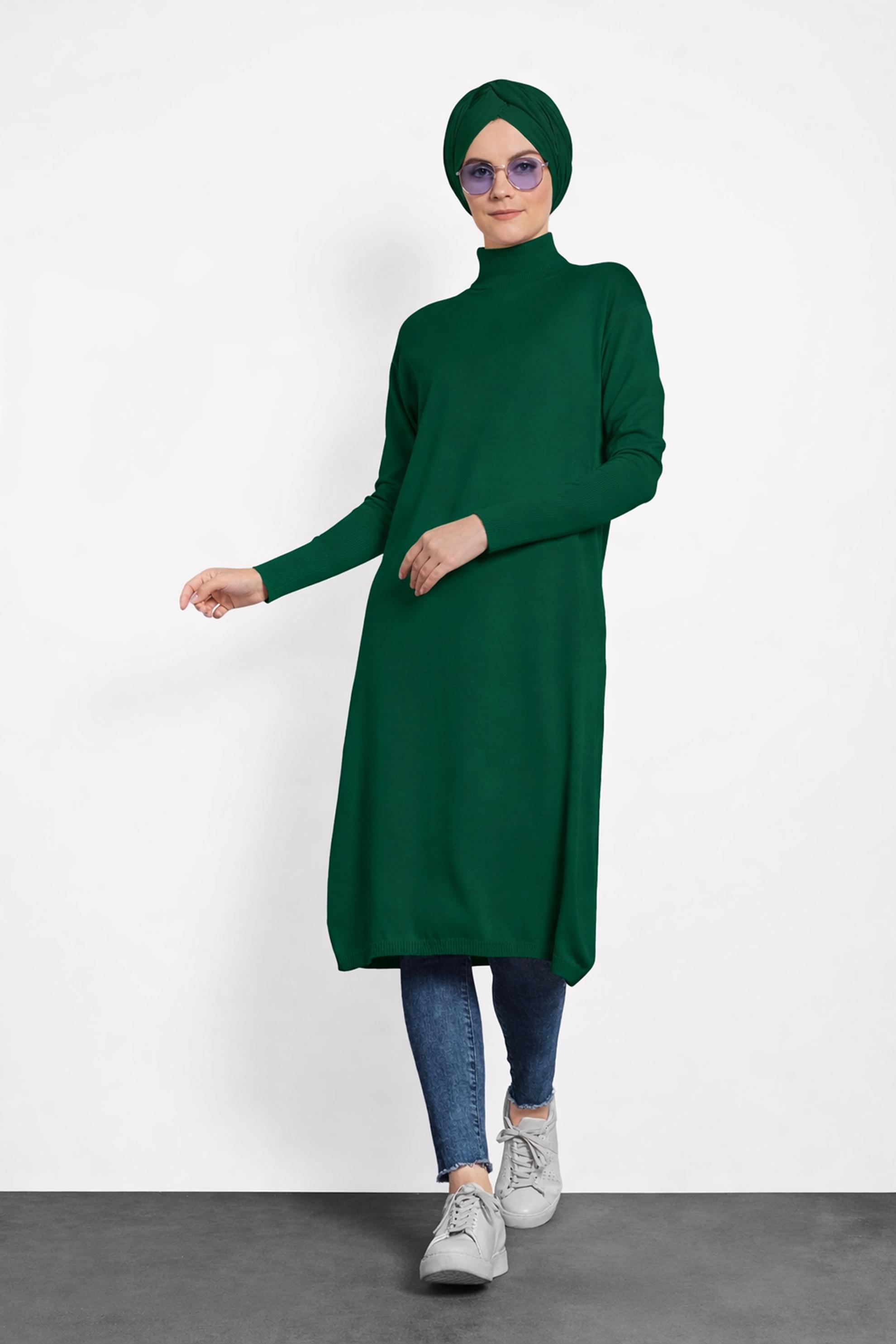 Tesettür giyim YEŞİL BALIKÇI YAKA UZUN TRİKO TUNİK 40022