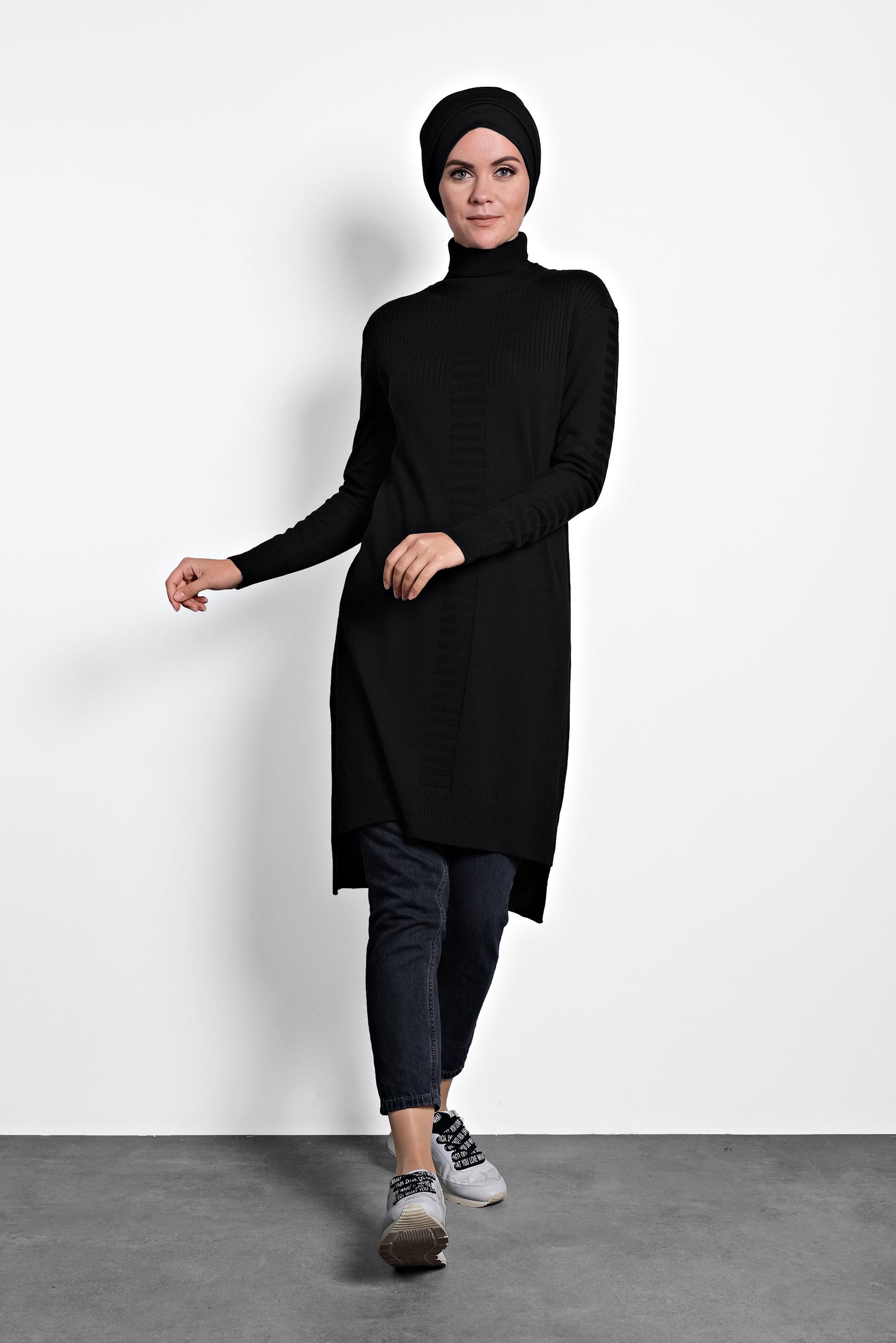 Tesettür giyim SİYAH BOĞAZLI TRİKO TUNİK 40030