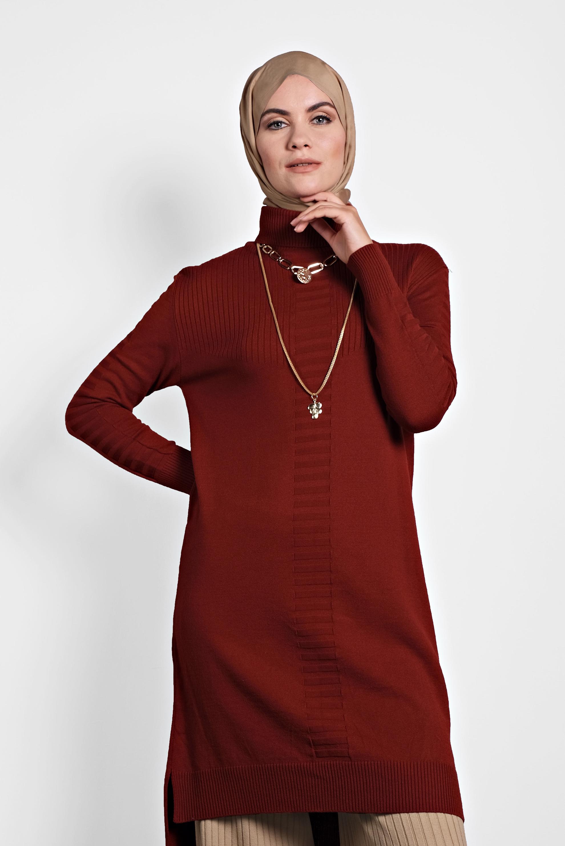 Tesettür giyim TURUNCU BOĞAZLI TRİKO TUNİK 40030