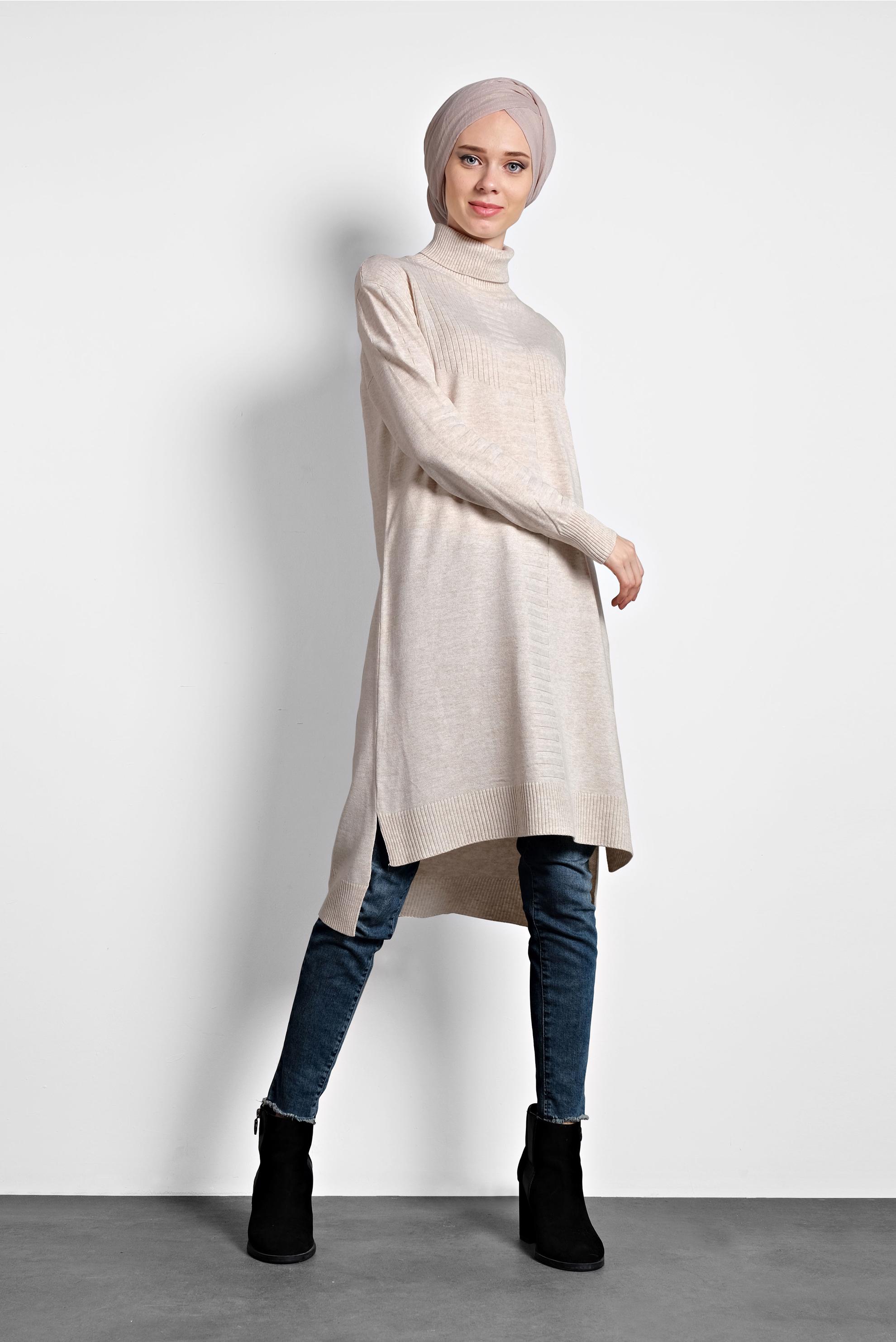 Tesettür giyim BEJ BOĞAZLI TRİKO TUNİK 40030