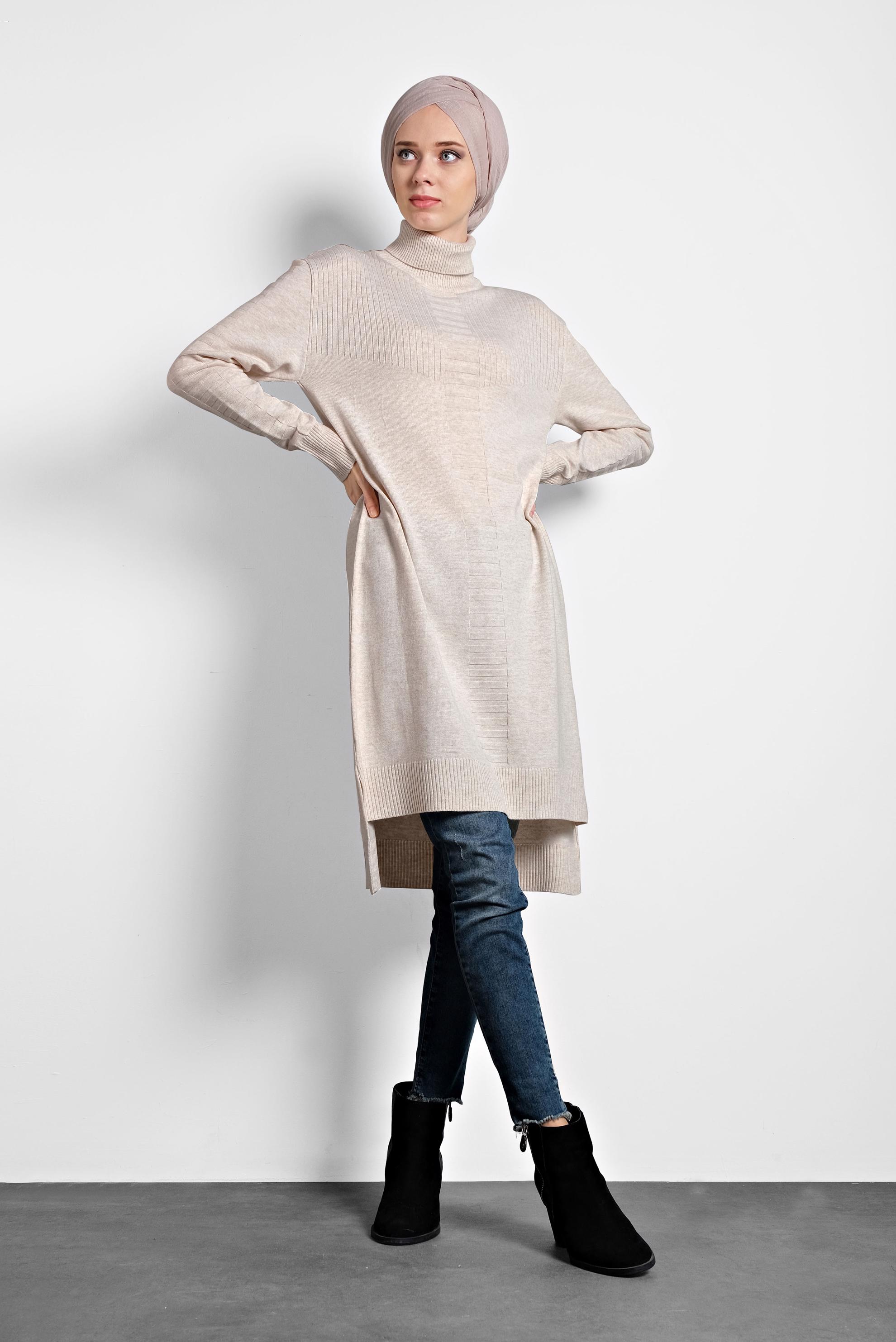 Tesettür giyim BEJ BOĞAZLI TRİKO TUNİK 40030