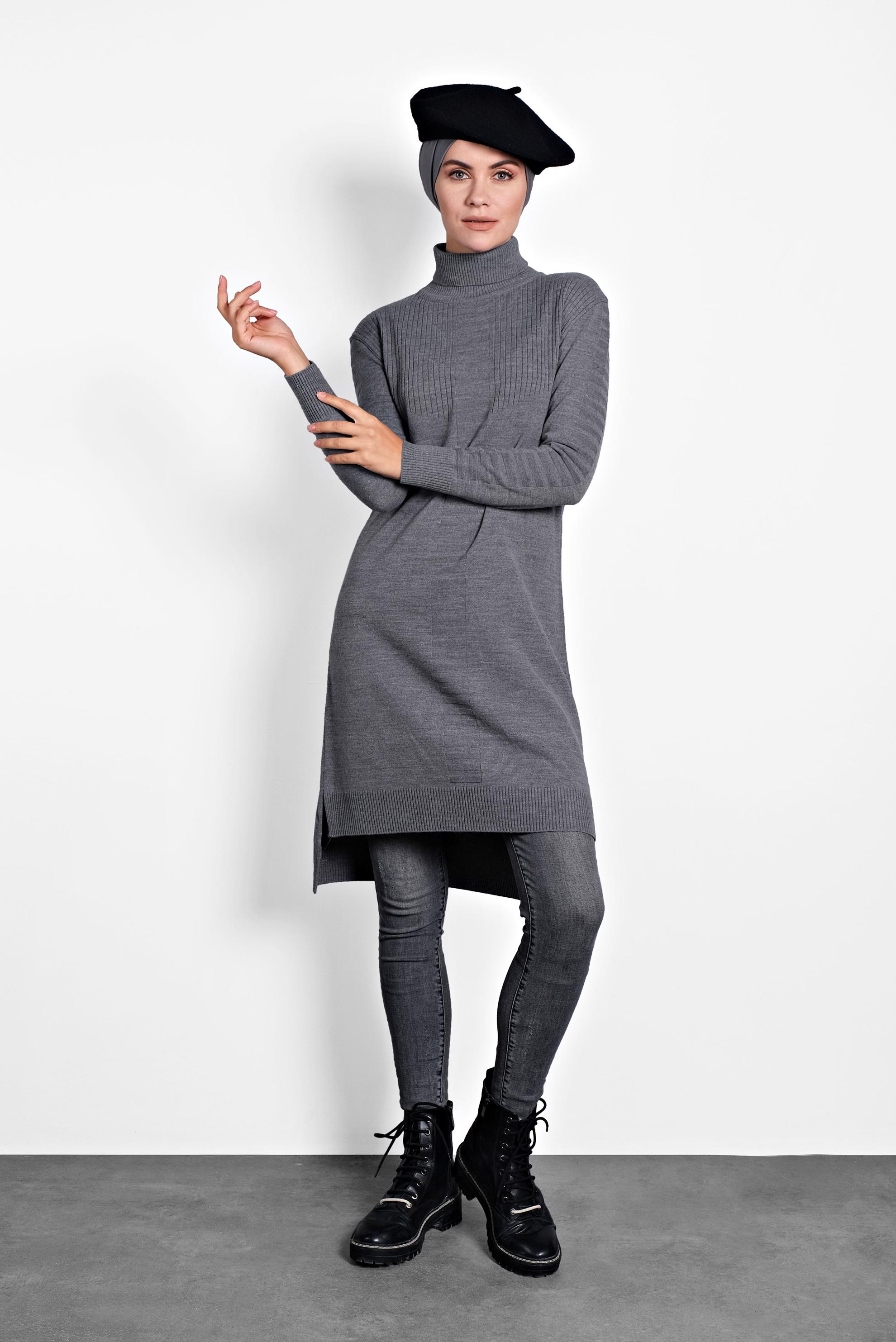 Tesettür giyim GRİ BOĞAZLI TRİKO TUNİK 40030