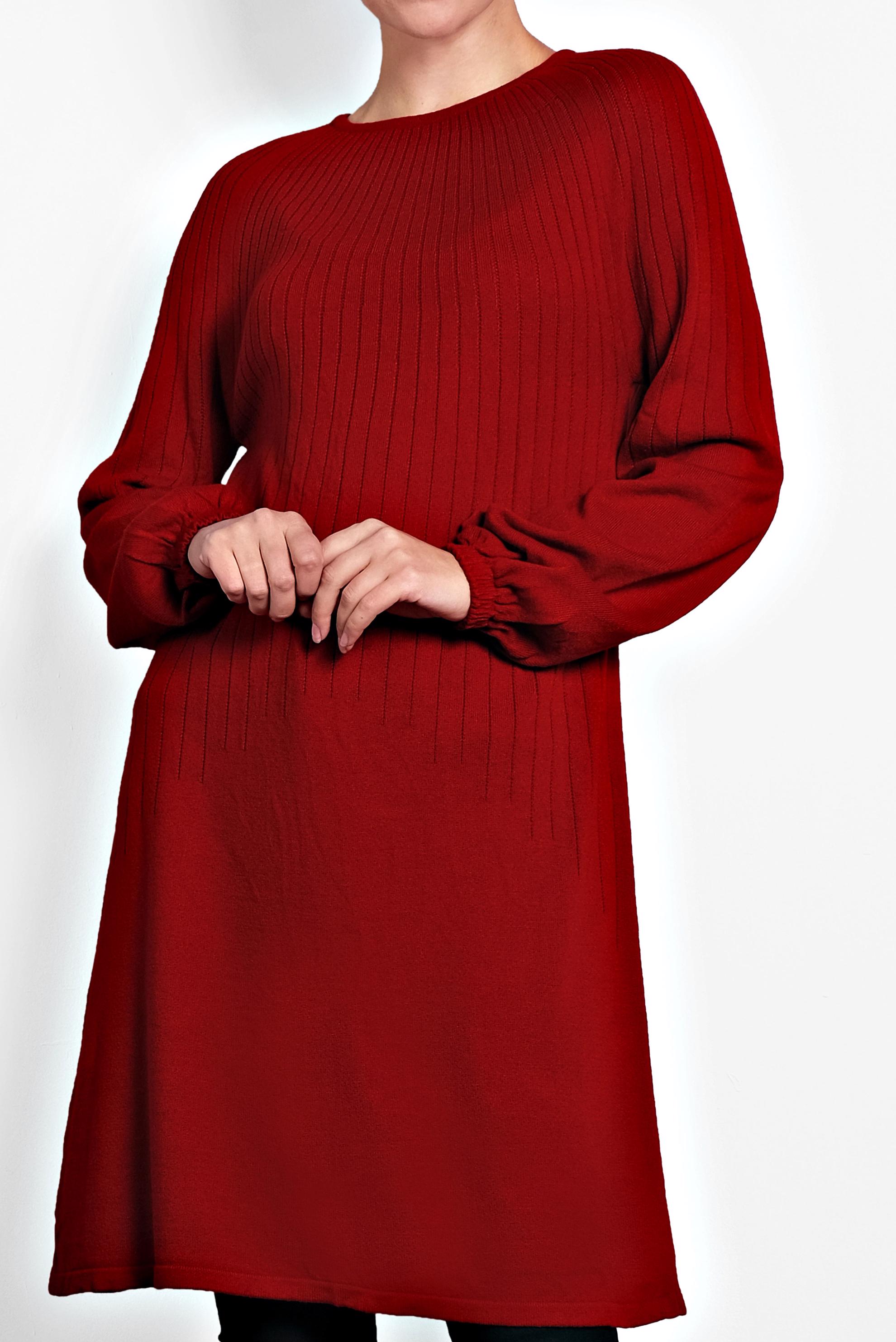 Tesettür giyim KIRMIZI MANŞETLERİ LASTİKLİ TRİKO TUNİK 40031 