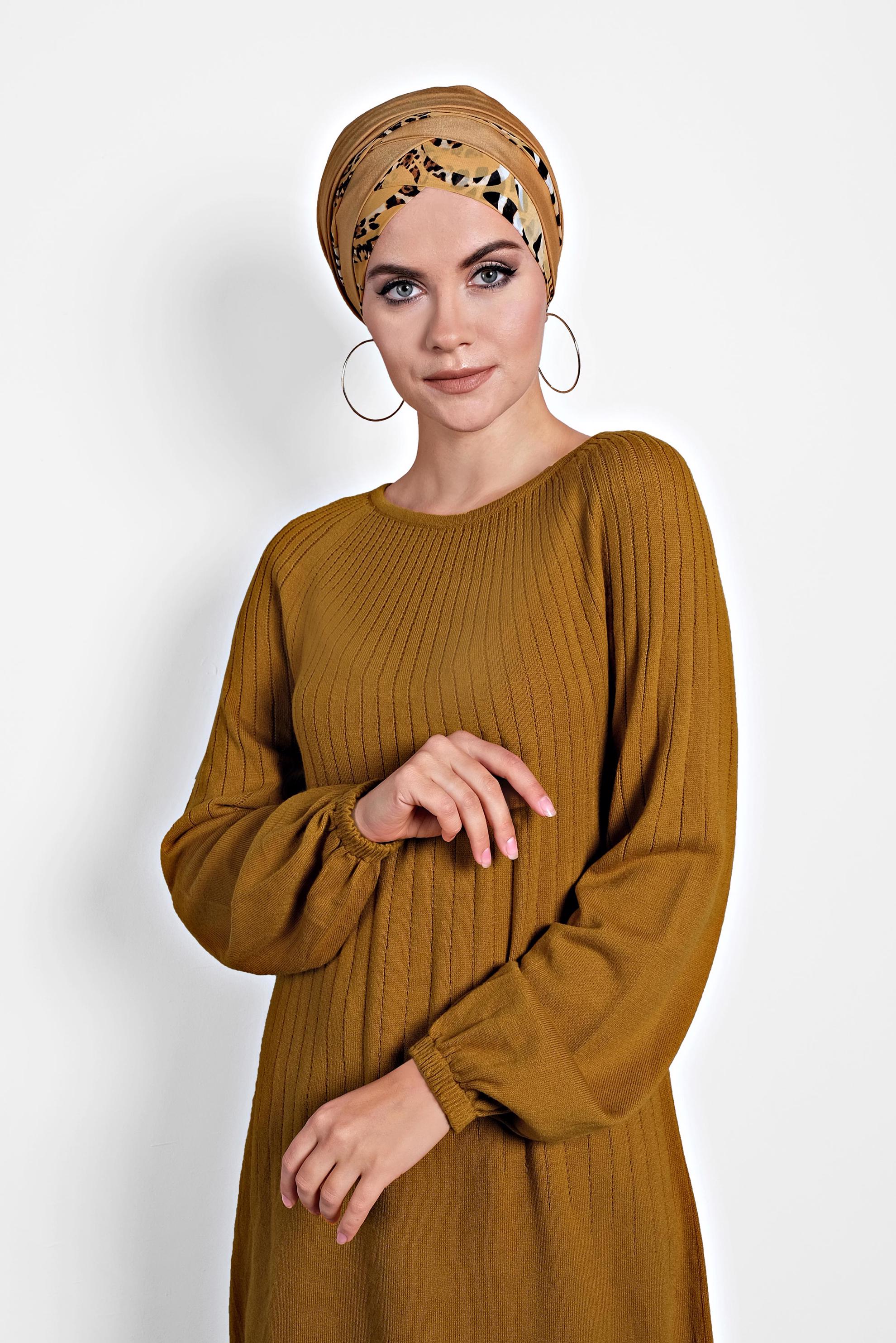 Tesettür giyim SARI MANŞETLERİ LASTİKLİ TRİKO TUNİK 40031 