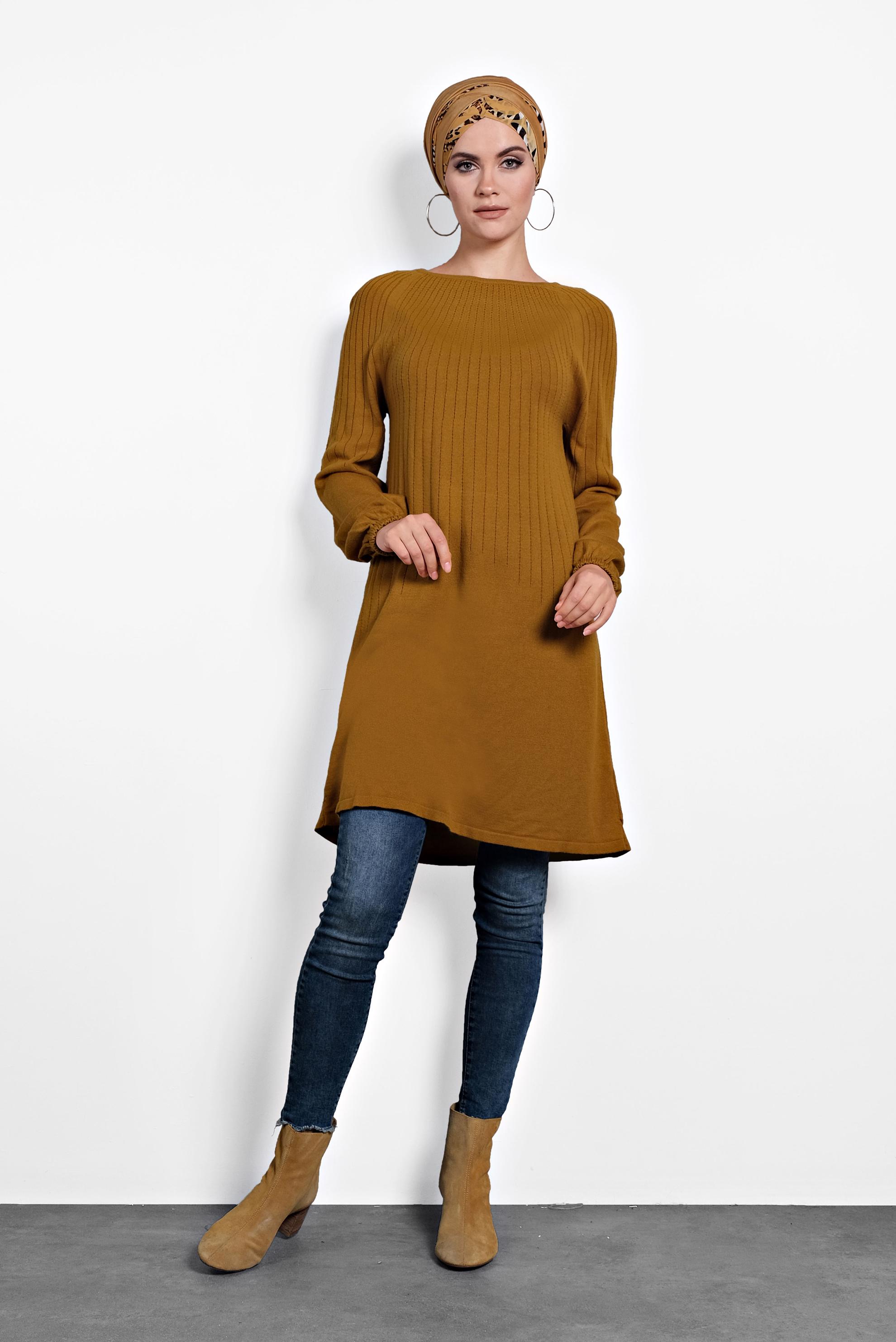 Tesettür giyim SARI MANŞETLERİ LASTİKLİ TRİKO TUNİK 40031 