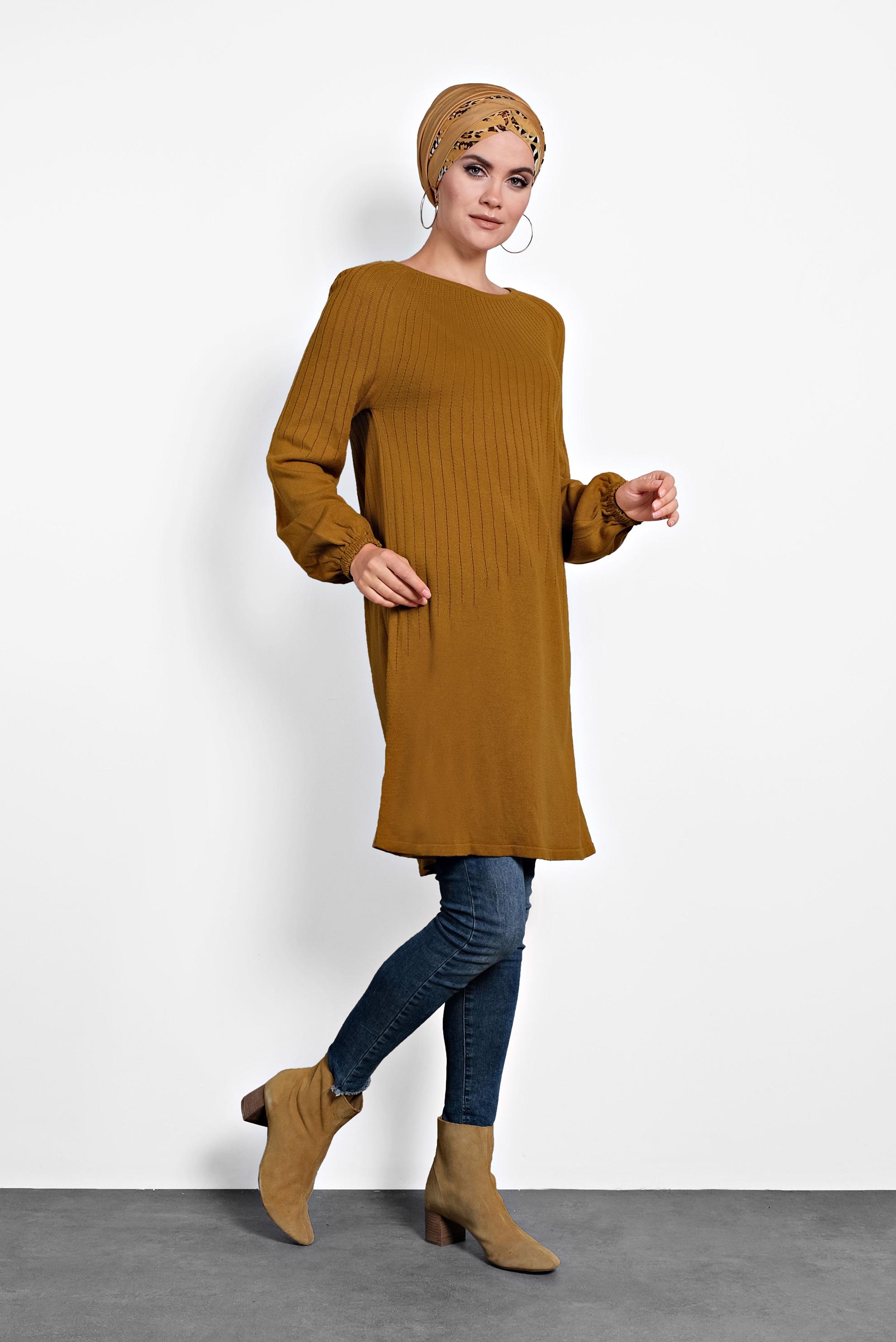 Tesettür giyim SARI MANŞETLERİ LASTİKLİ TRİKO TUNİK 40031 