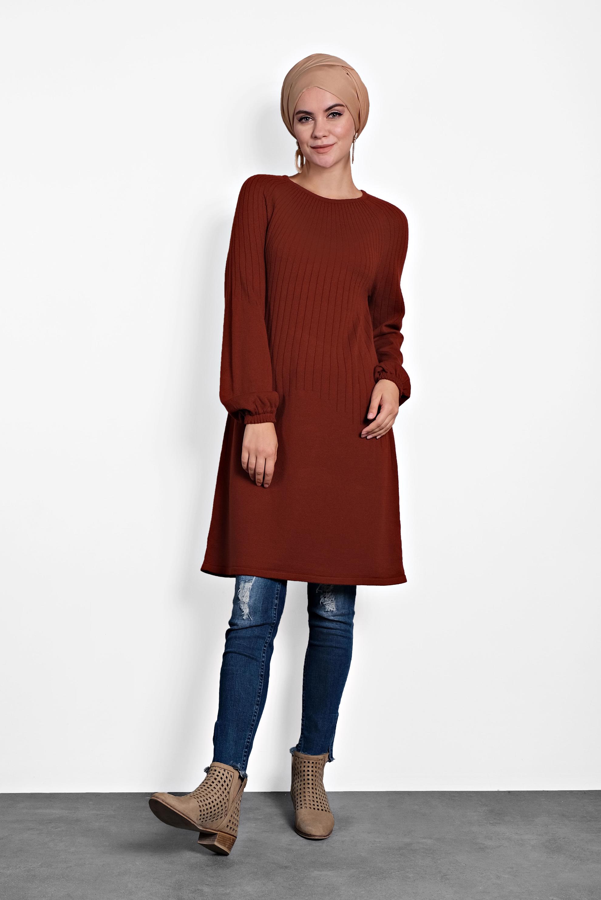 Tesettür giyim TURUNCU MANŞETLERİ LASTİKLİ TRİKO TUNİK 40031 