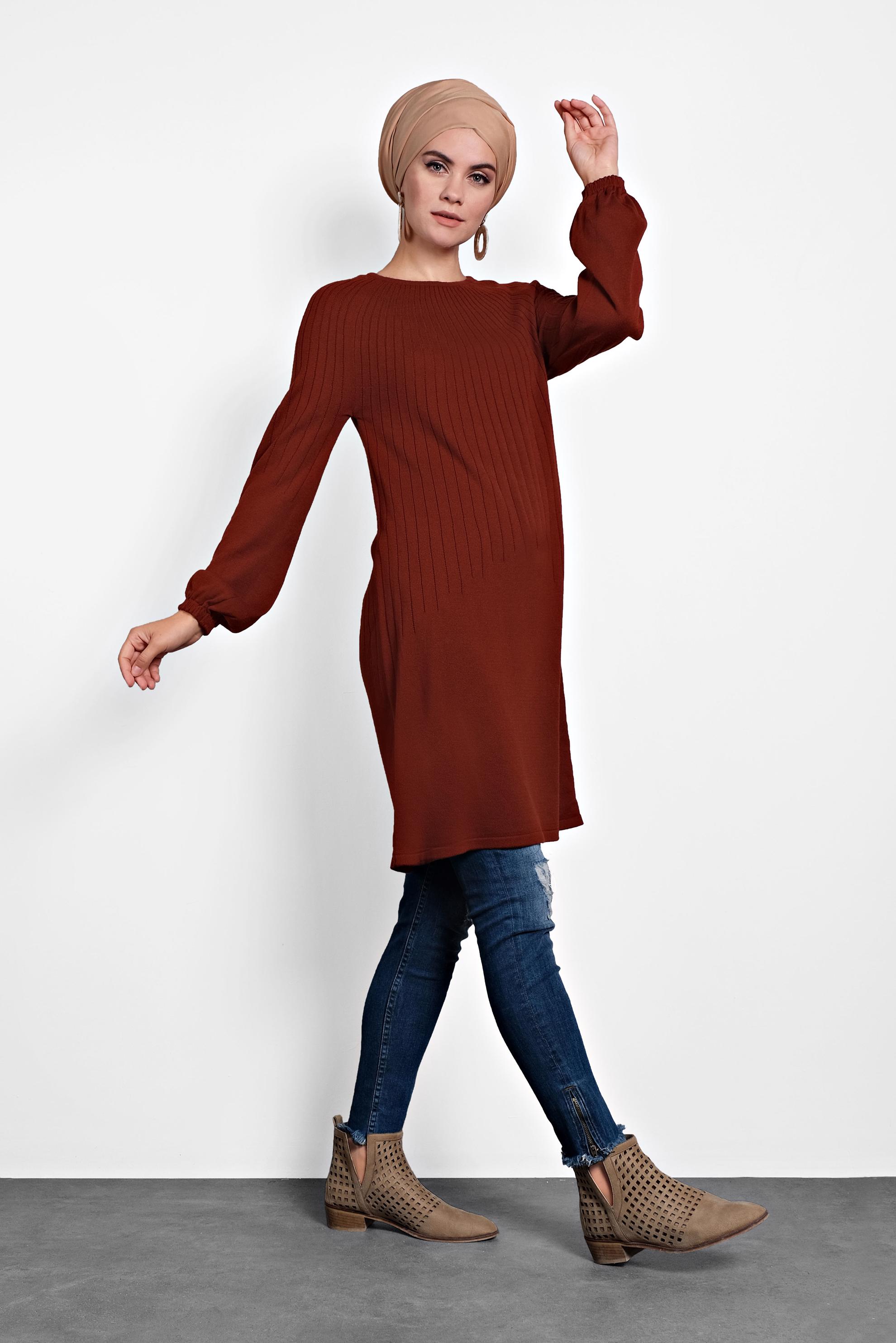 Tesettür giyim TURUNCU MANŞETLERİ LASTİKLİ TRİKO TUNİK 40031 