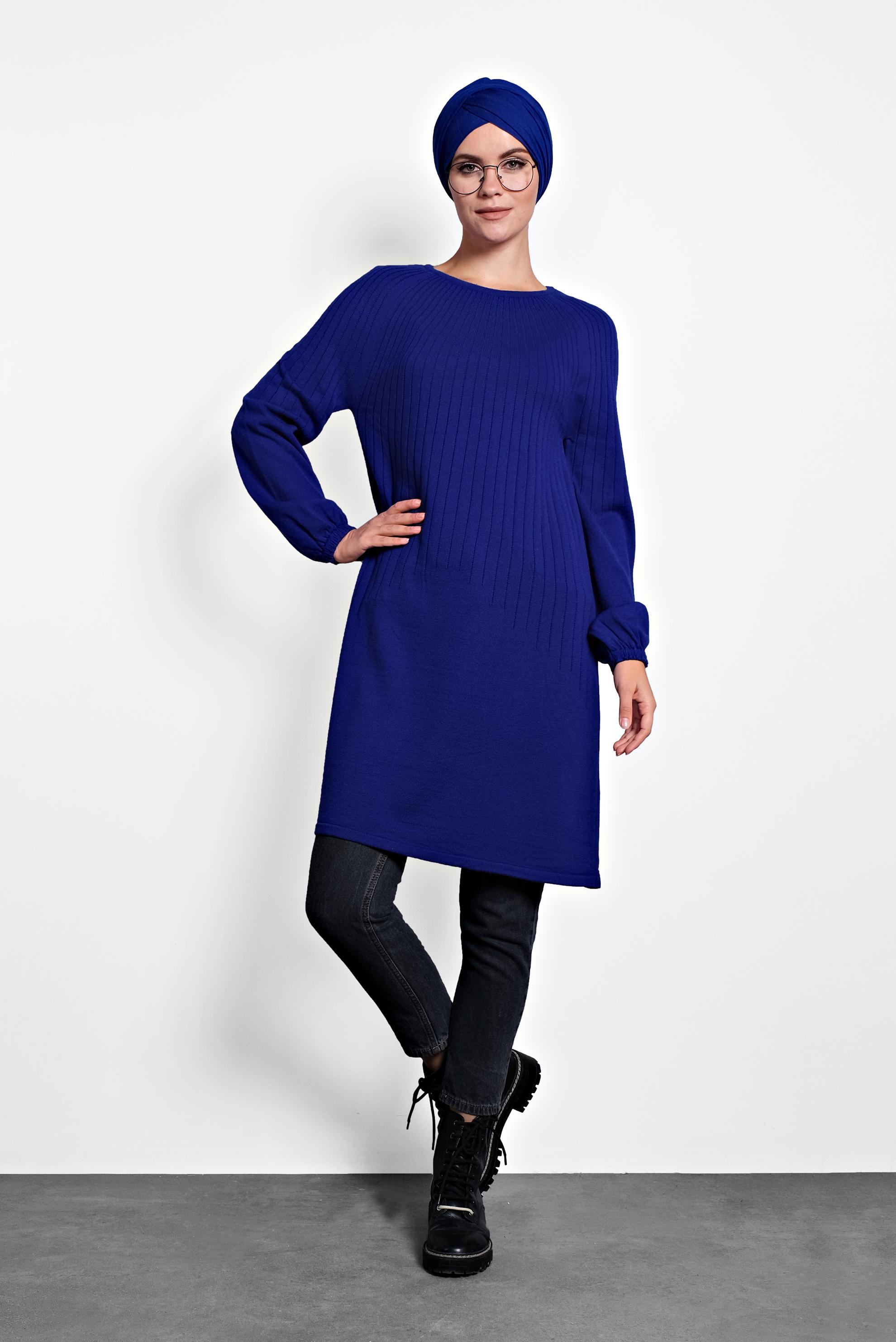 Tesettür giyim LACİVERT MANŞETLERİ LASTİKLİ TRİKO TUNİK 40031 
