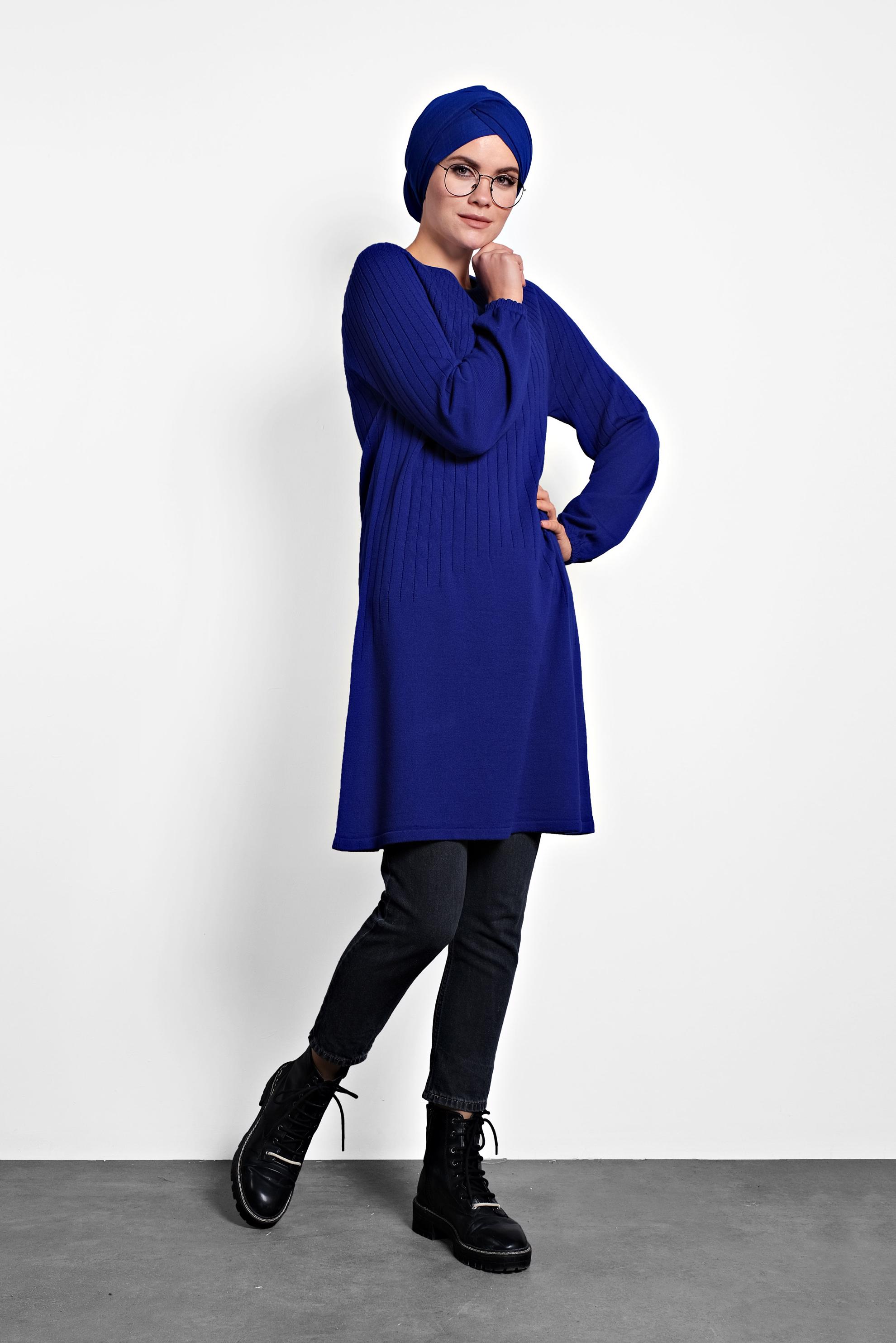 Tesettür giyim LACİVERT MANŞETLERİ LASTİKLİ TRİKO TUNİK 40031 