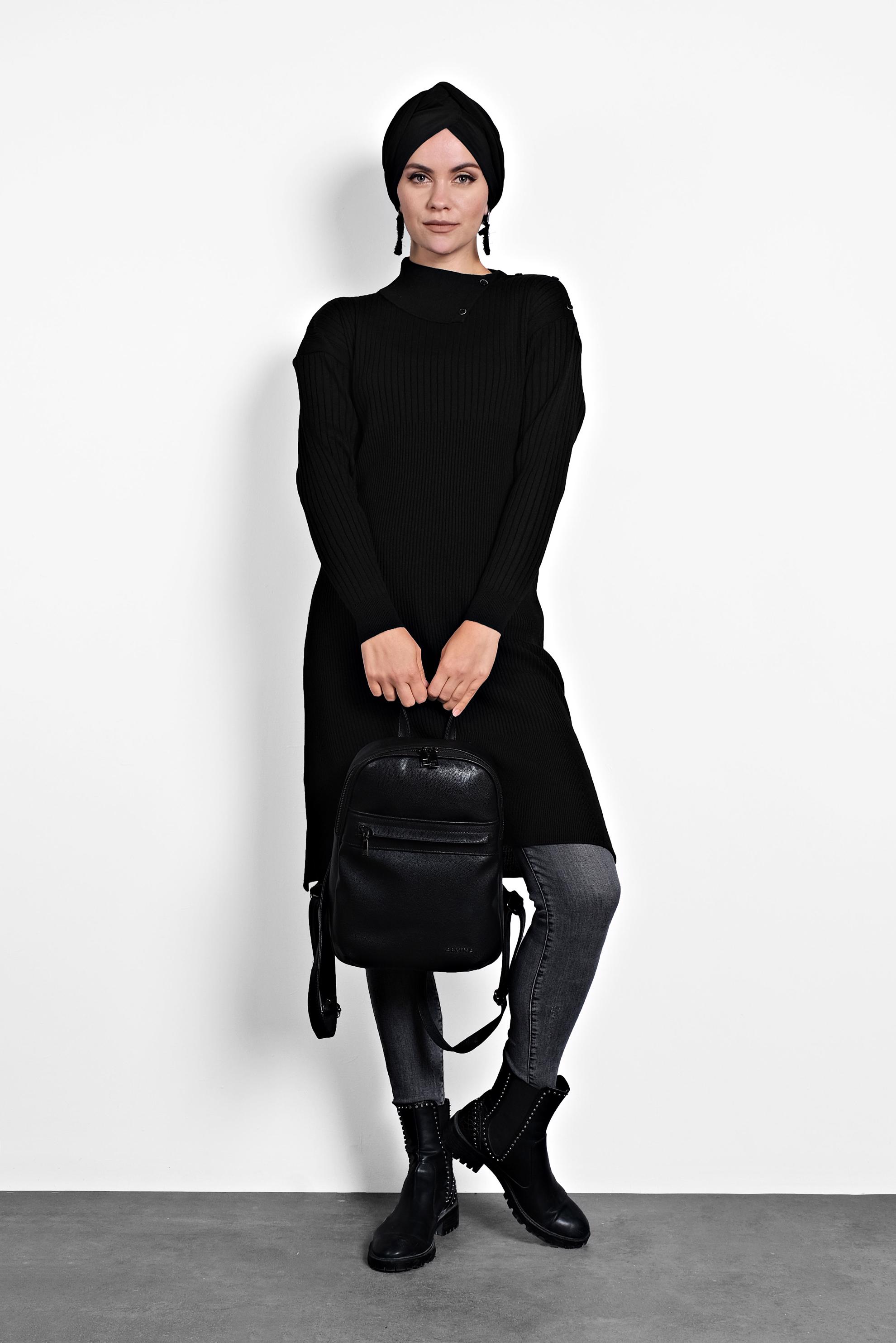 Tesettür giyim SİYAH FİTİLLİ TRİKO TUNİK 40032 