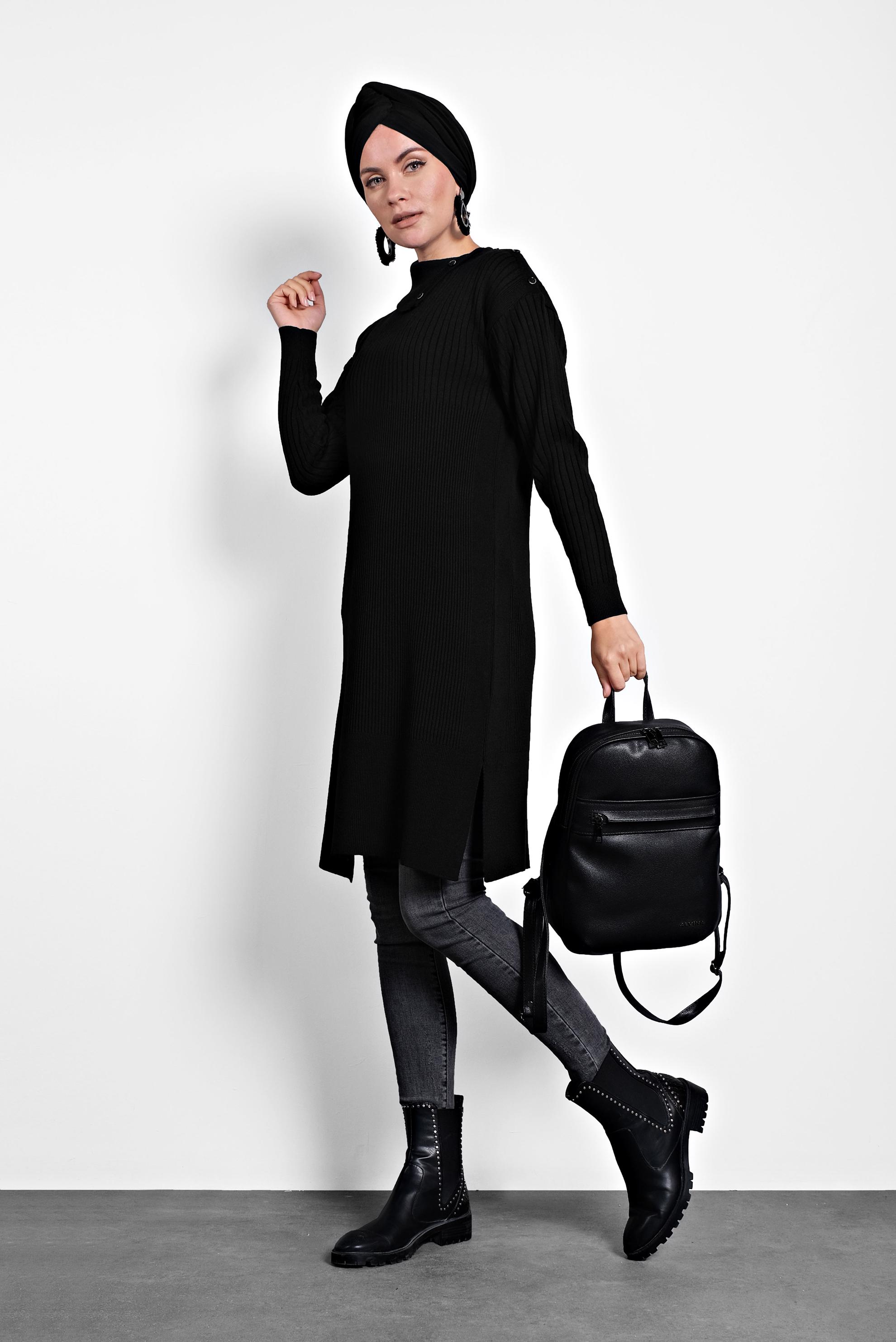 Tesettür giyim SİYAH FİTİLLİ TRİKO TUNİK 40032 