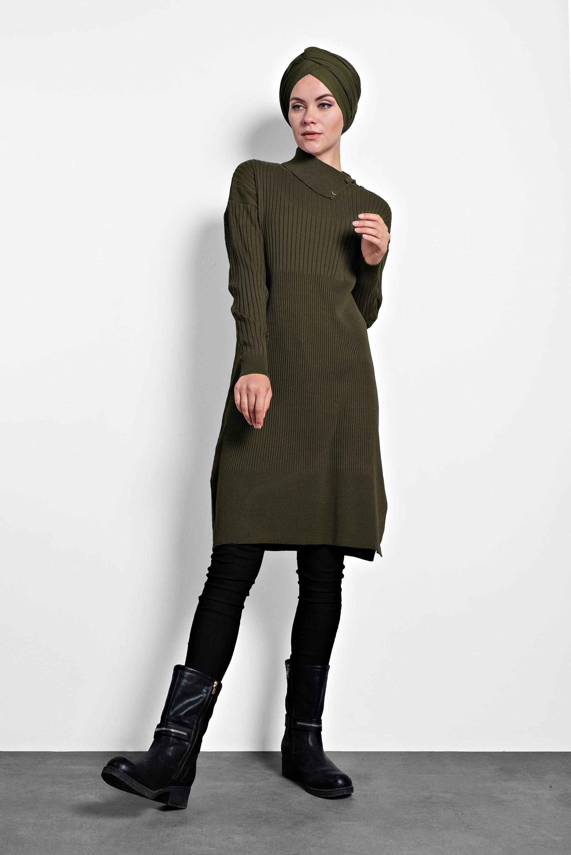 Tesettür giyim HAKİ FİTİLLİ TRİKO TUNİK 40032 