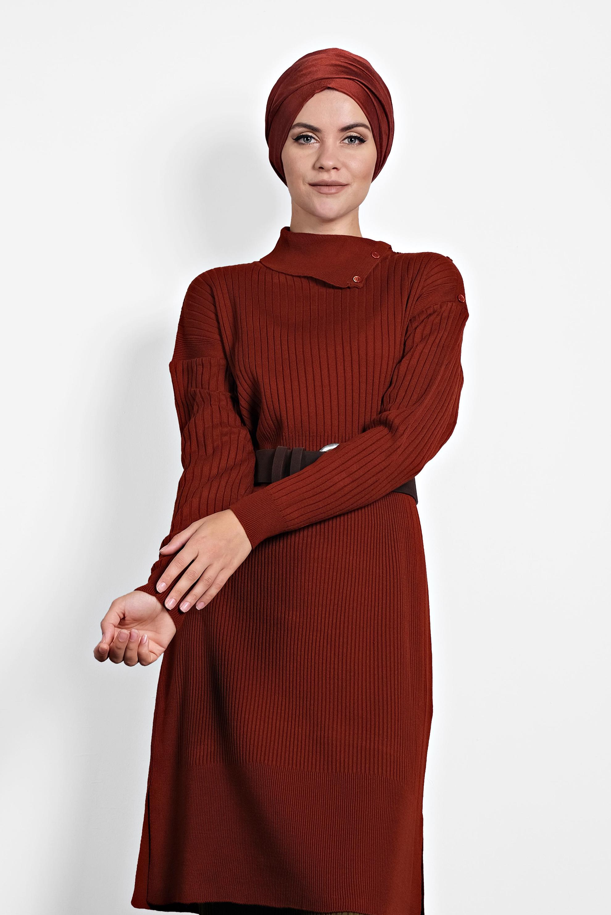 Tesettür giyim TURUNCU FİTİLLİ TRİKO TUNİK 40032 