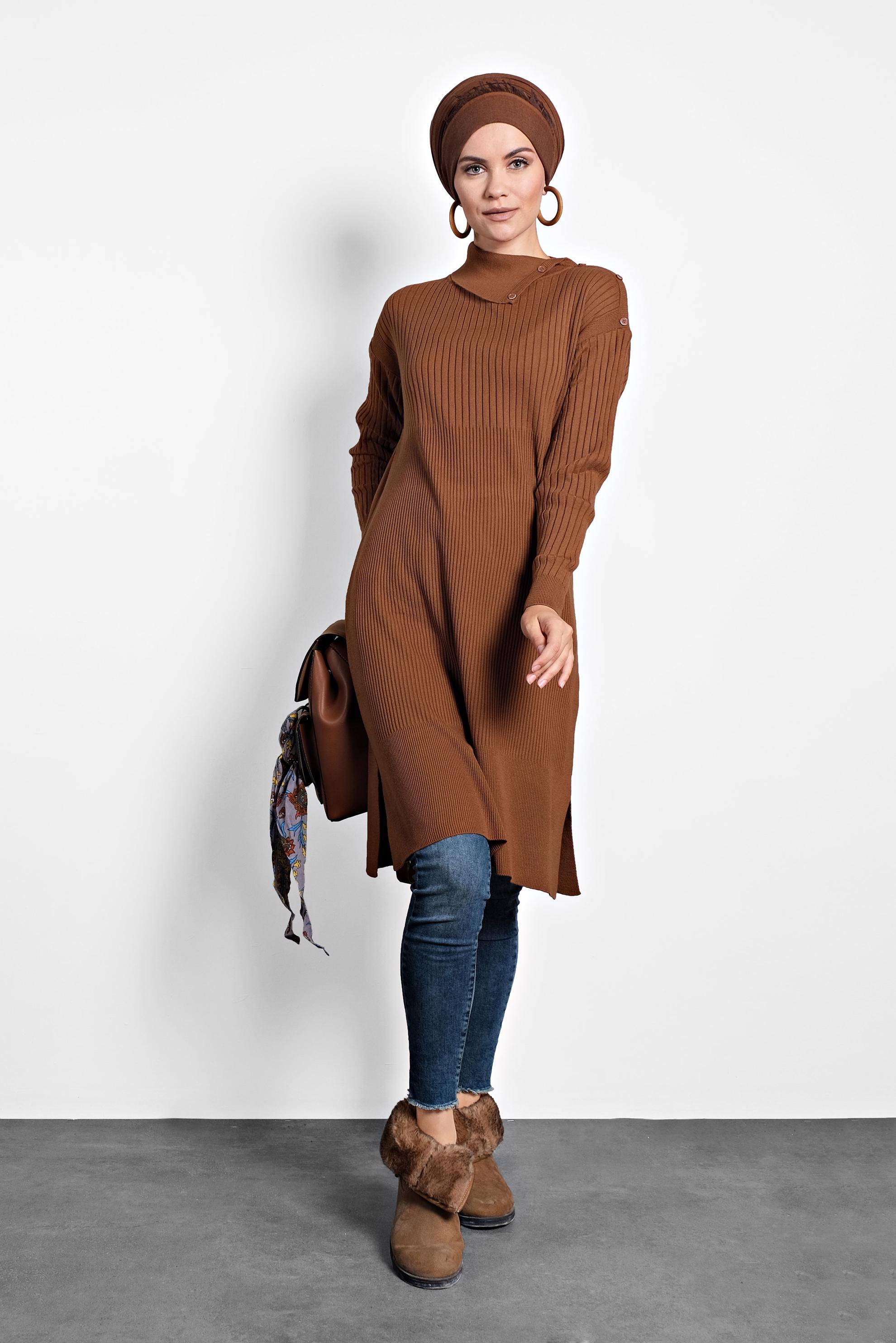 Tesettür giyim TABA FİTİLLİ TRİKO TUNİK 40032 