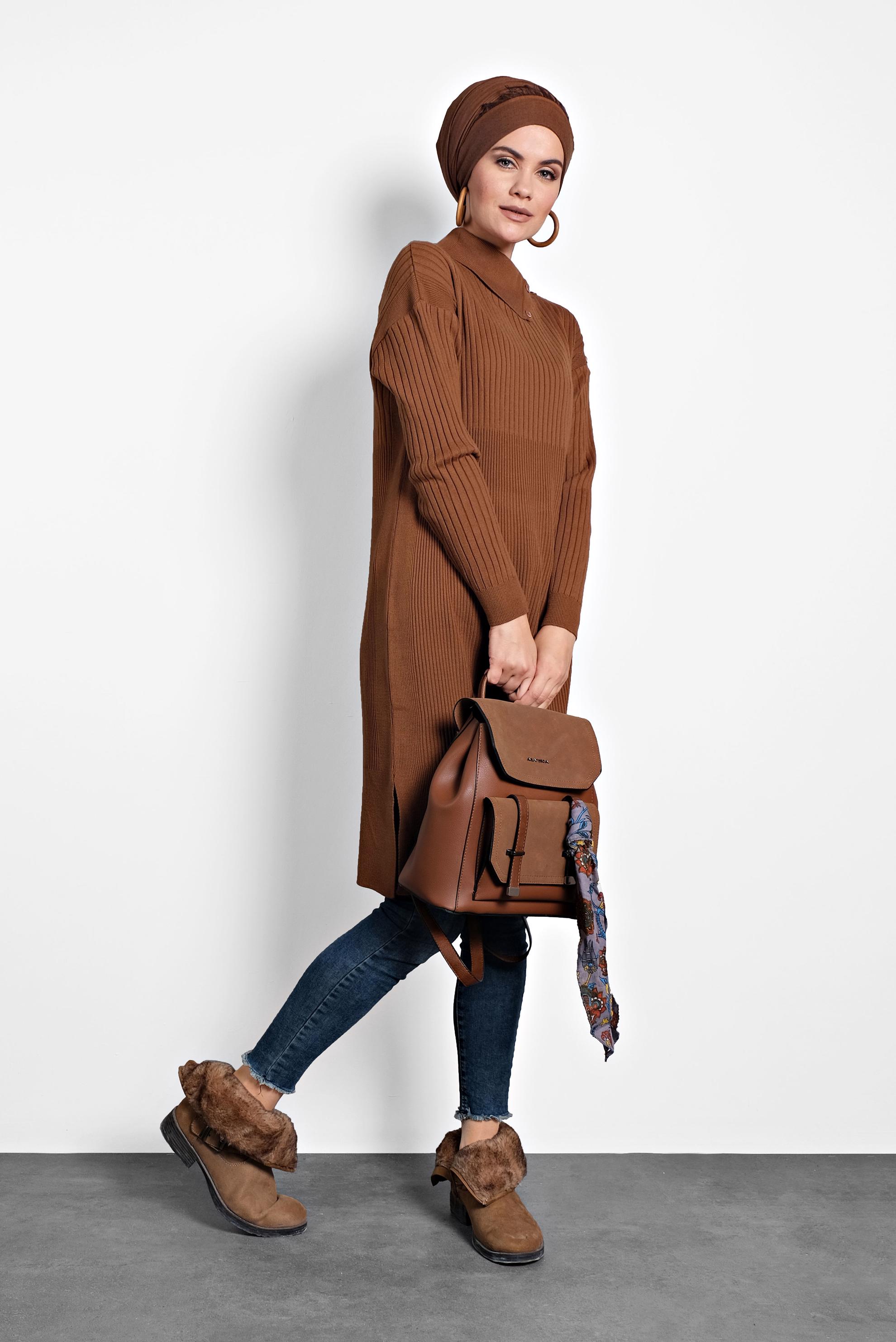 Tesettür giyim TABA FİTİLLİ TRİKO TUNİK 40032 