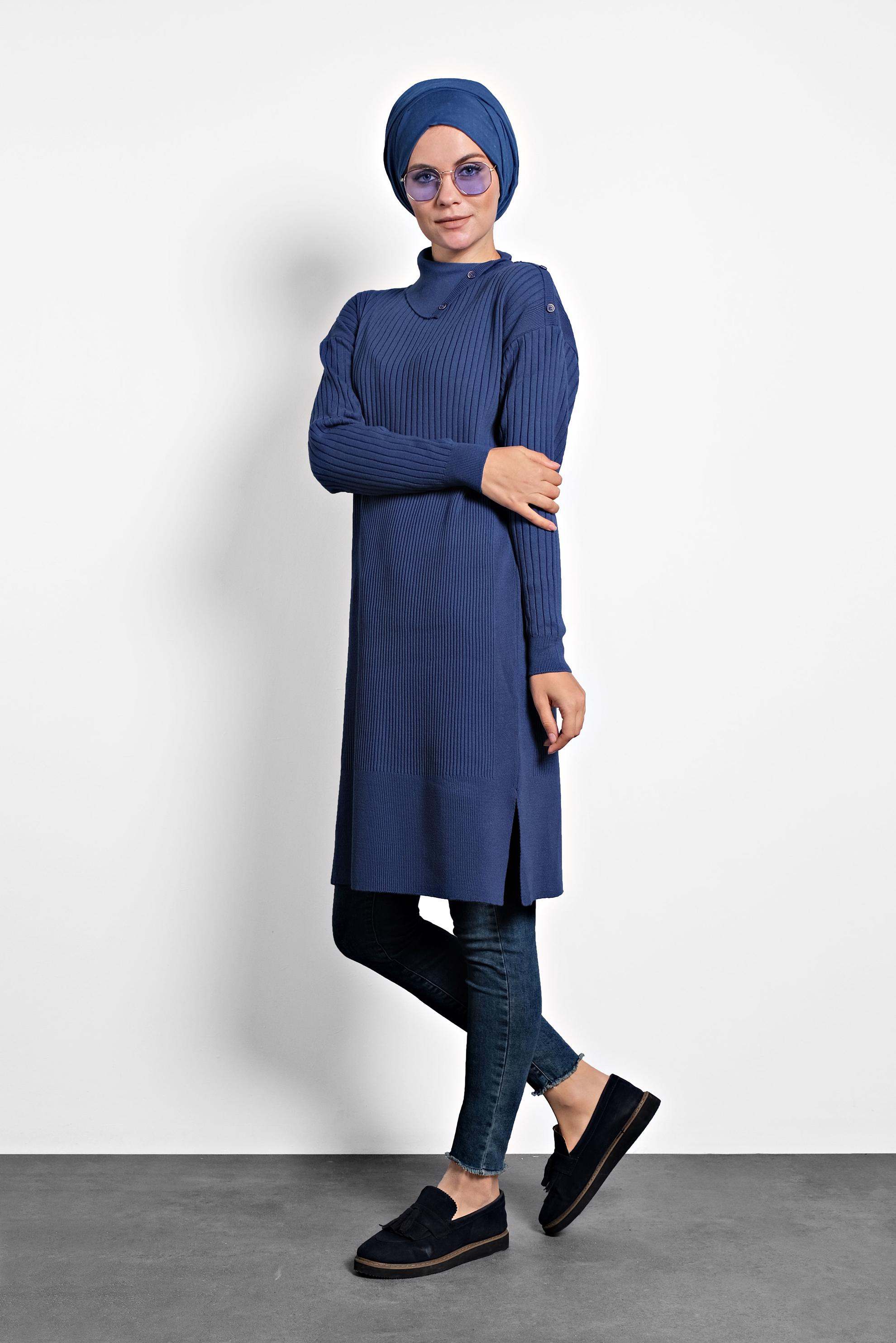 Tesettür giyim LACİVERT FİTİLLİ TRİKO TUNİK 40032 