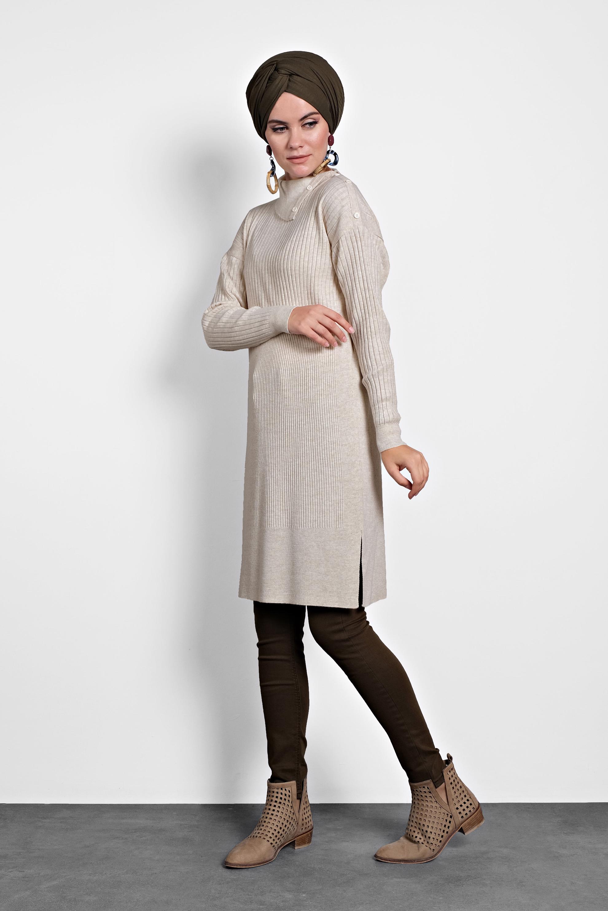 Tesettür giyim BEJ FİTİLLİ TRİKO TUNİK 40032 