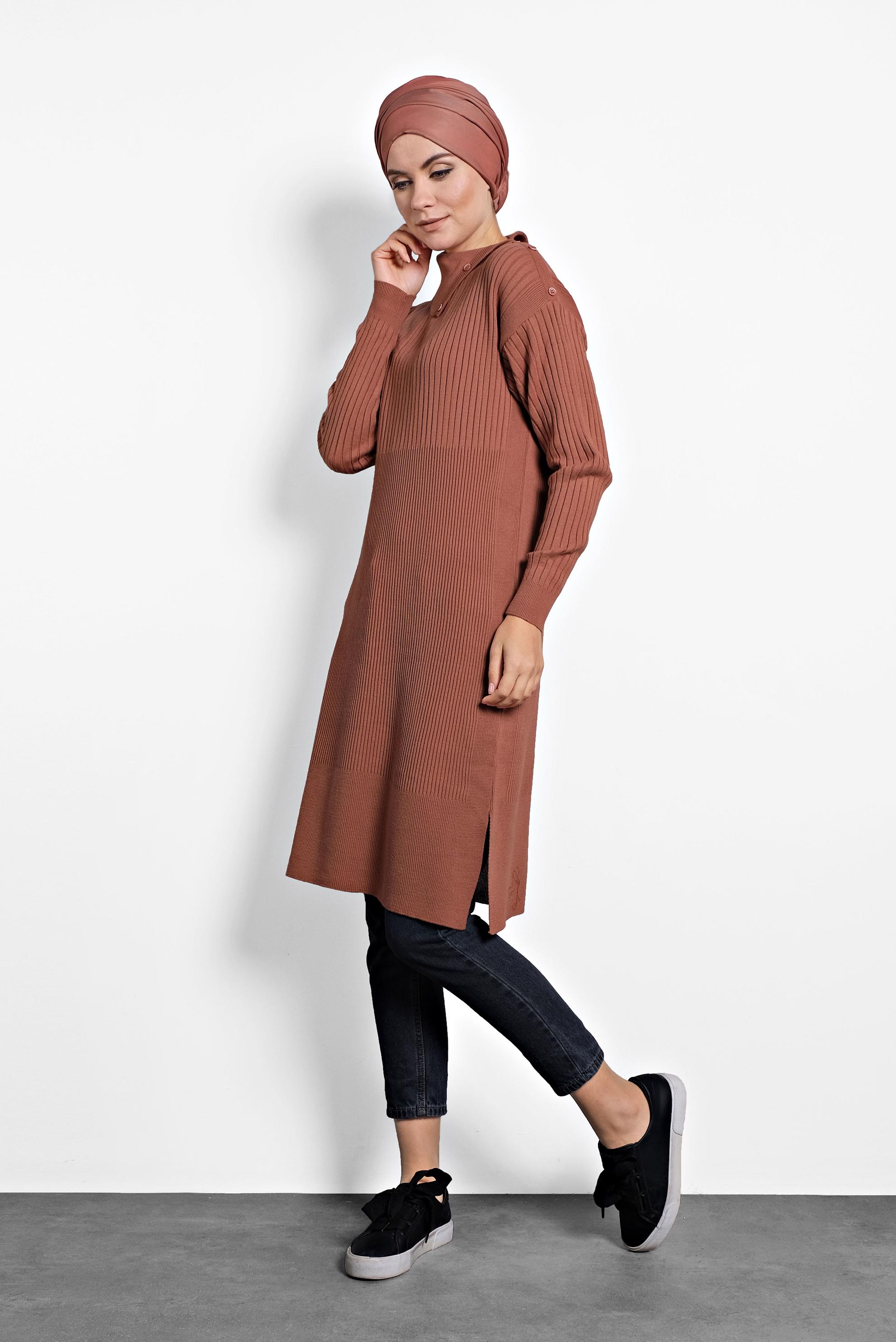 Tesettür giyim PEMBE FİTİLLİ TRİKO TUNİK 40032 