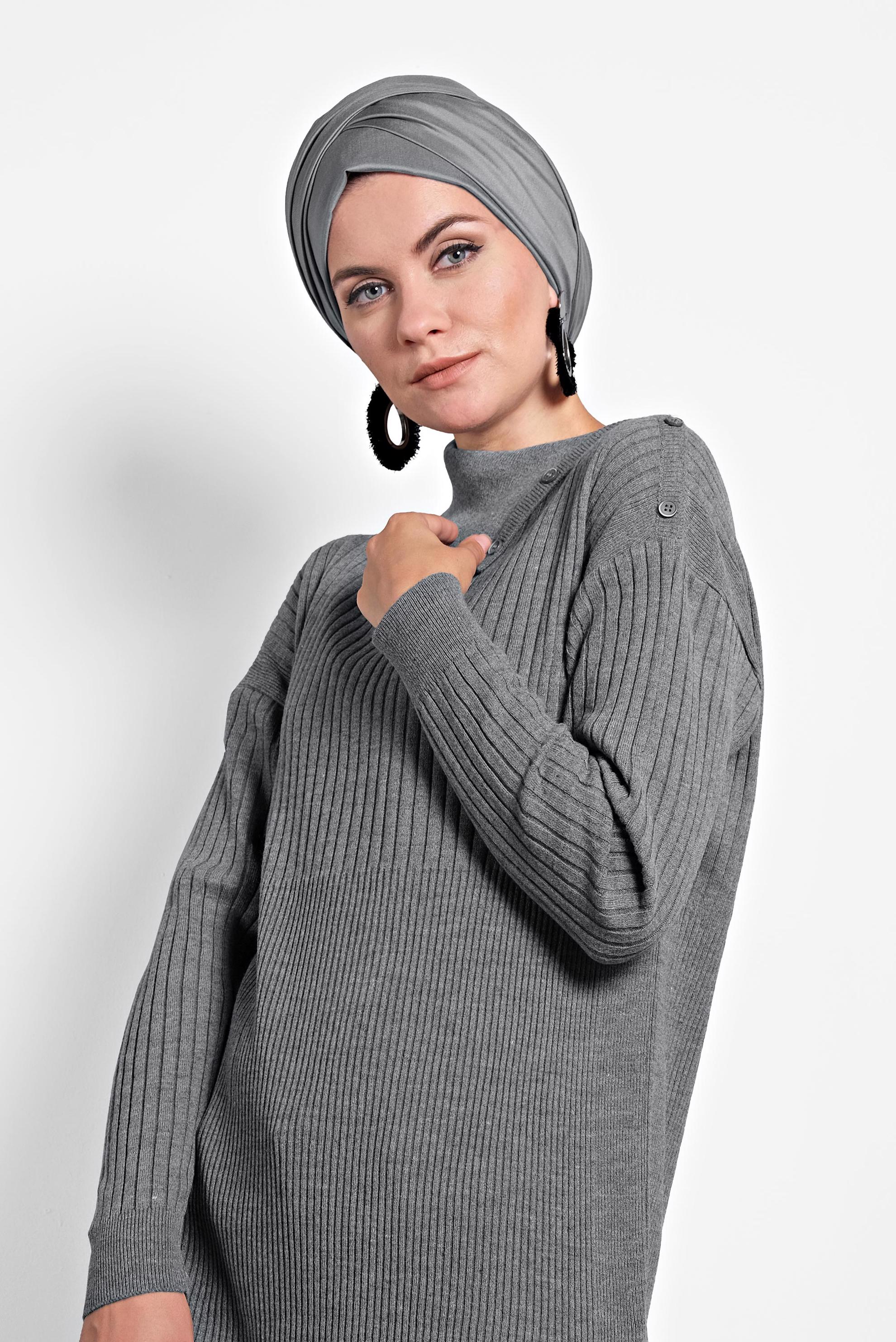 Tesettür giyim GRİ FİTİLLİ TRİKO TUNİK 40032 