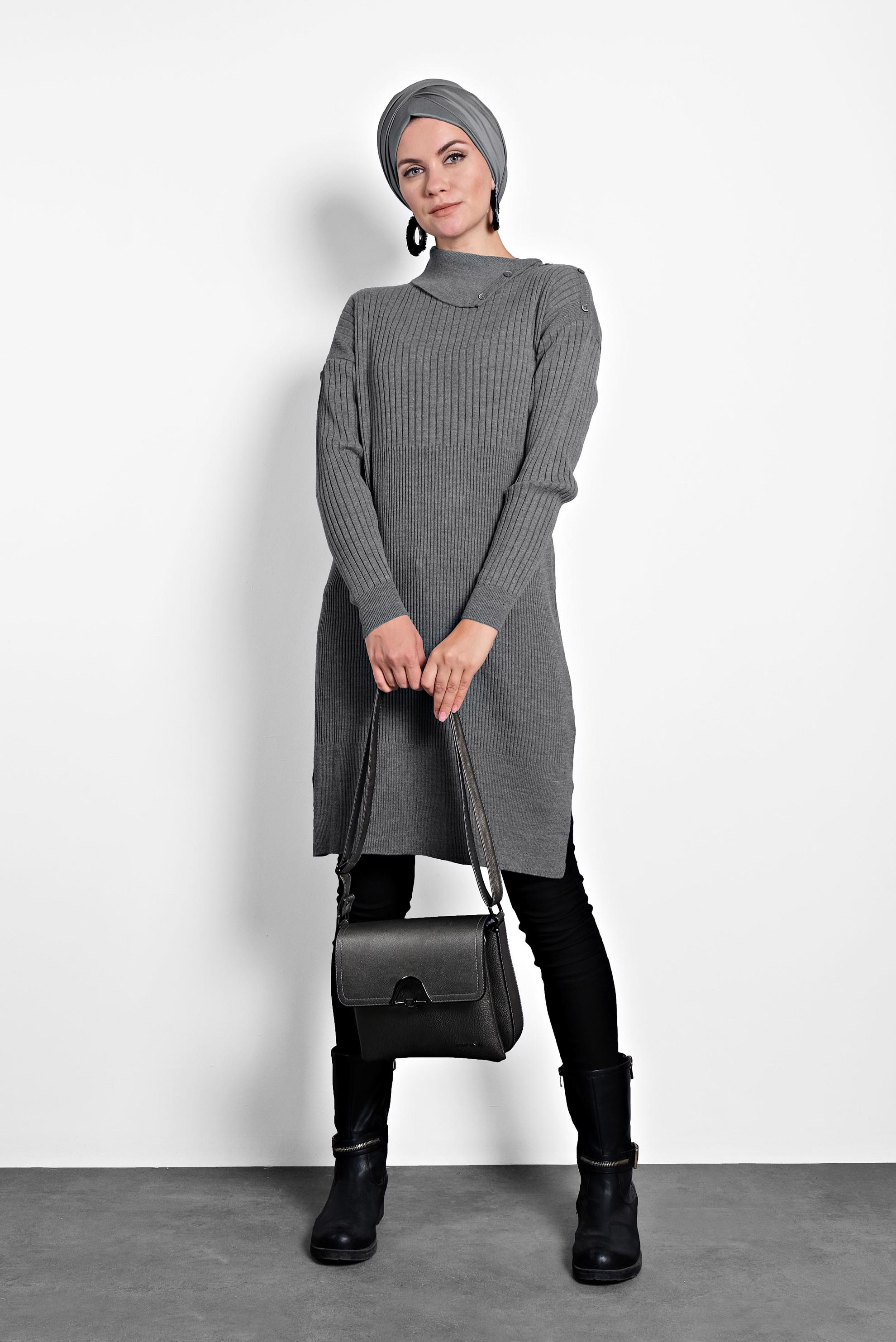 Tesettür giyim GRİ FİTİLLİ TRİKO TUNİK 40032 