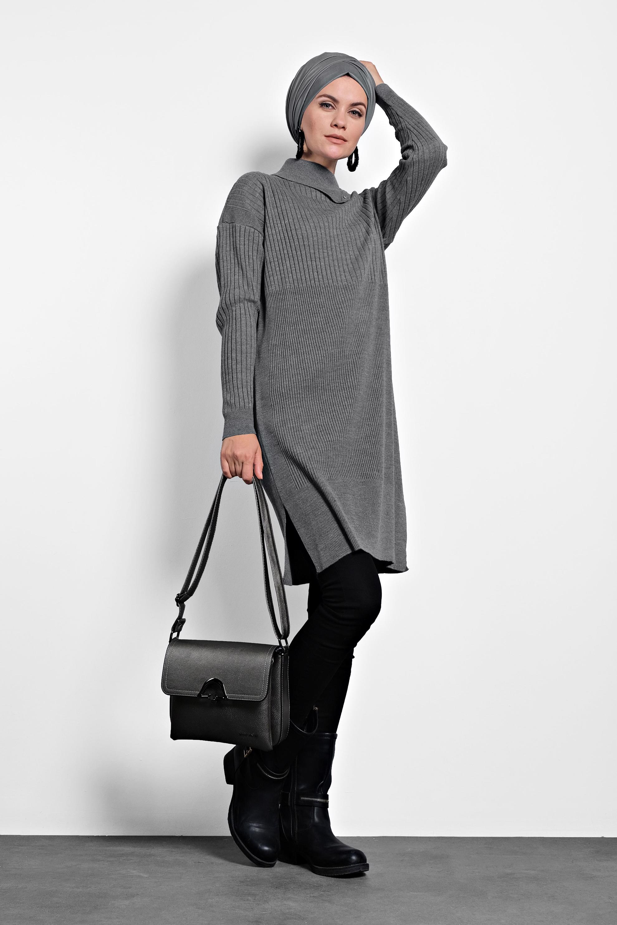 Tesettür giyim GRİ FİTİLLİ TRİKO TUNİK 40032 