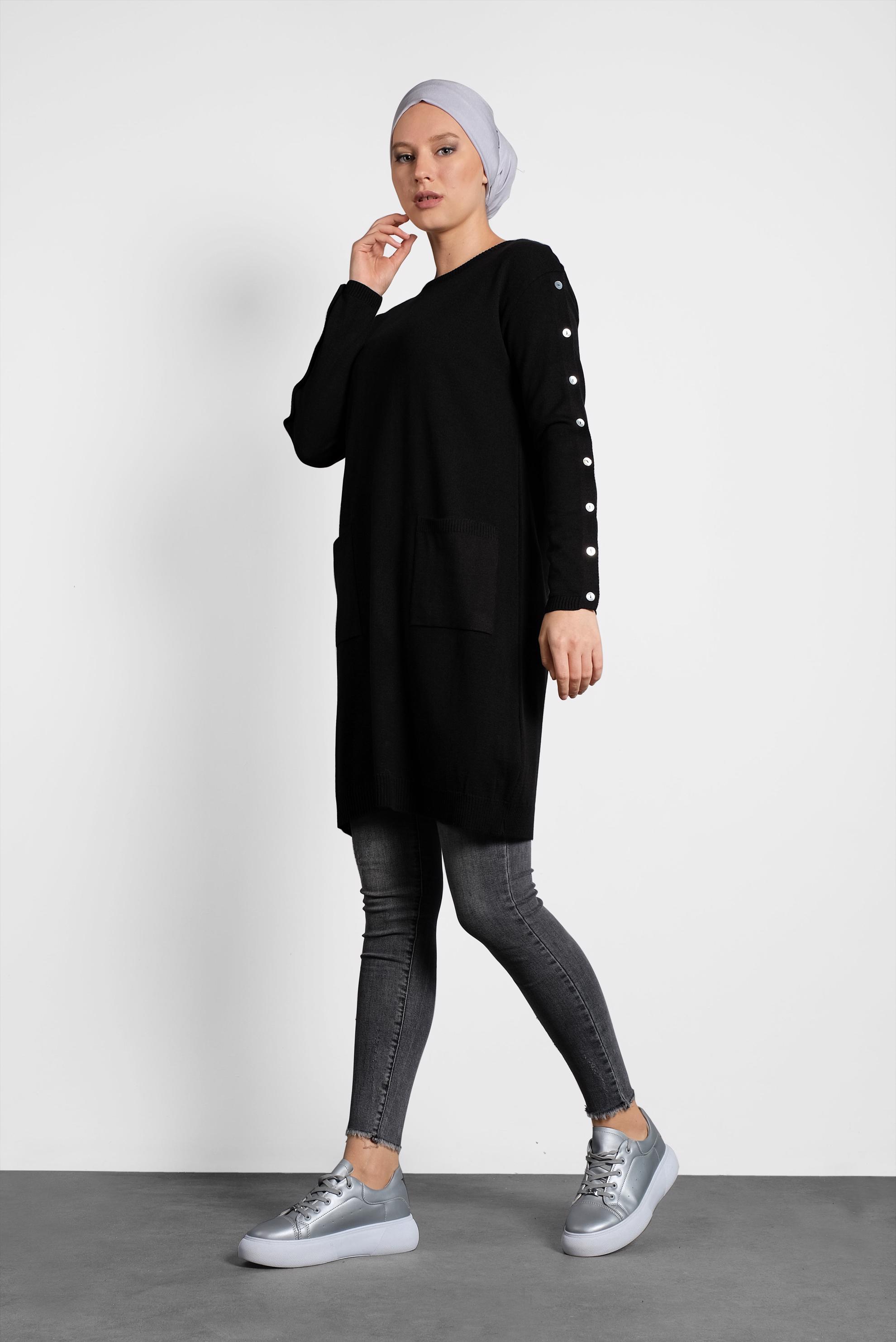 Tesettür giyim SİYAH DÜĞMELİ CEPLİ TRİKO TUNİK 40033