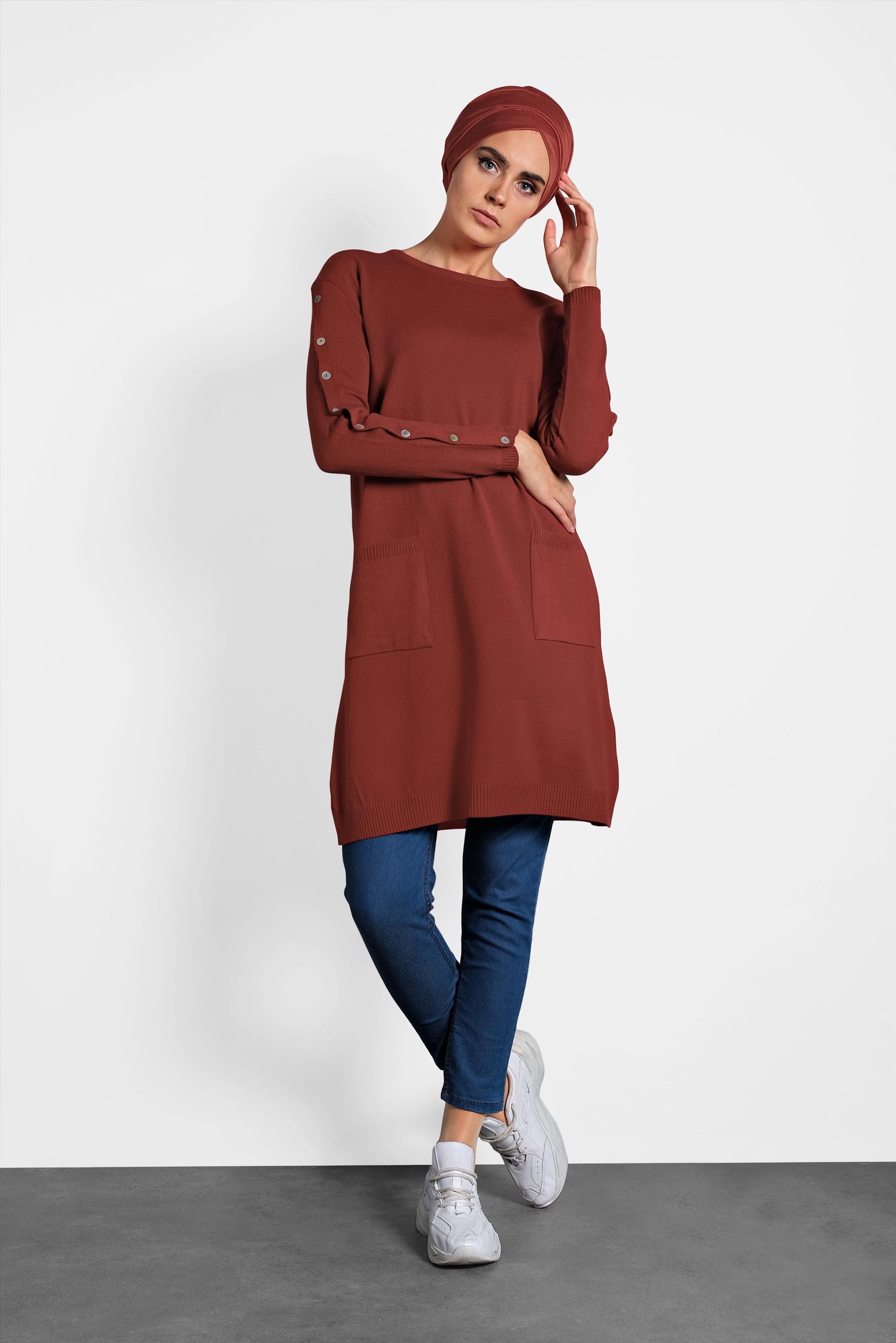 Tesettür giyim TURUNCU DÜĞMELİ CEPLİ TRİKO TUNİK 40033