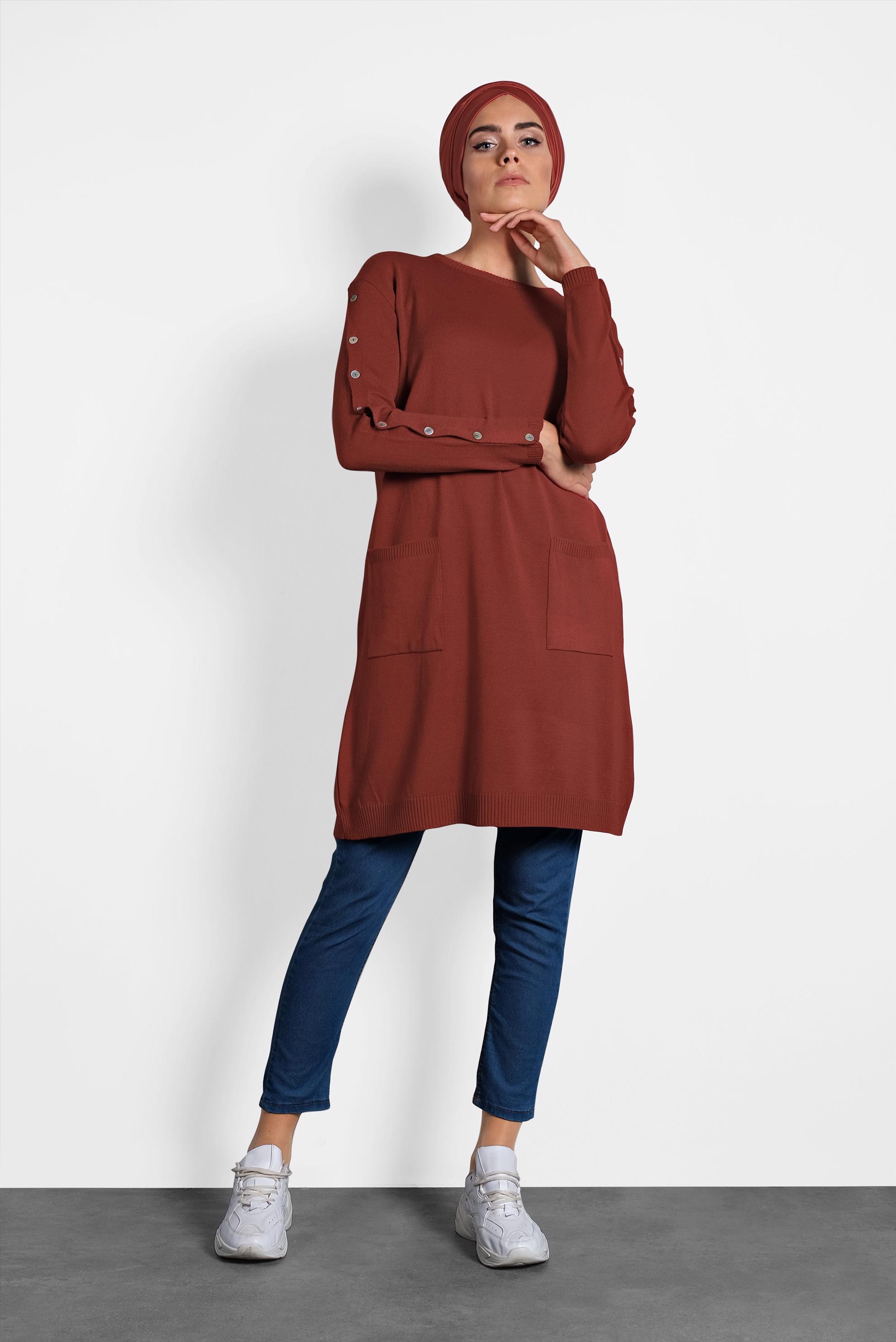 Tesettür giyim TURUNCU DÜĞMELİ CEPLİ TRİKO TUNİK 40033