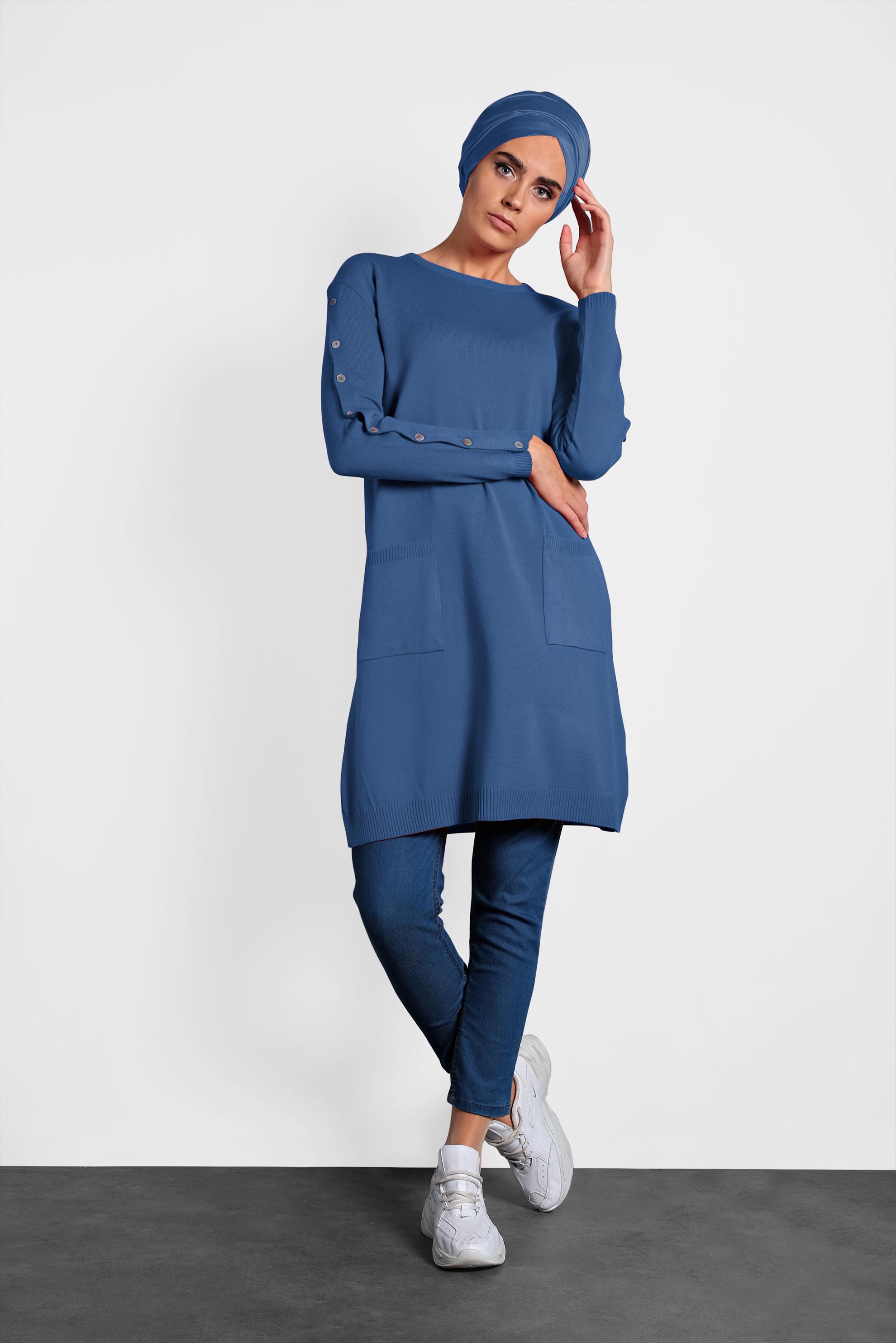 Tesettür giyim LACİVERT DÜĞMELİ CEPLİ TRİKO TUNİK 40033