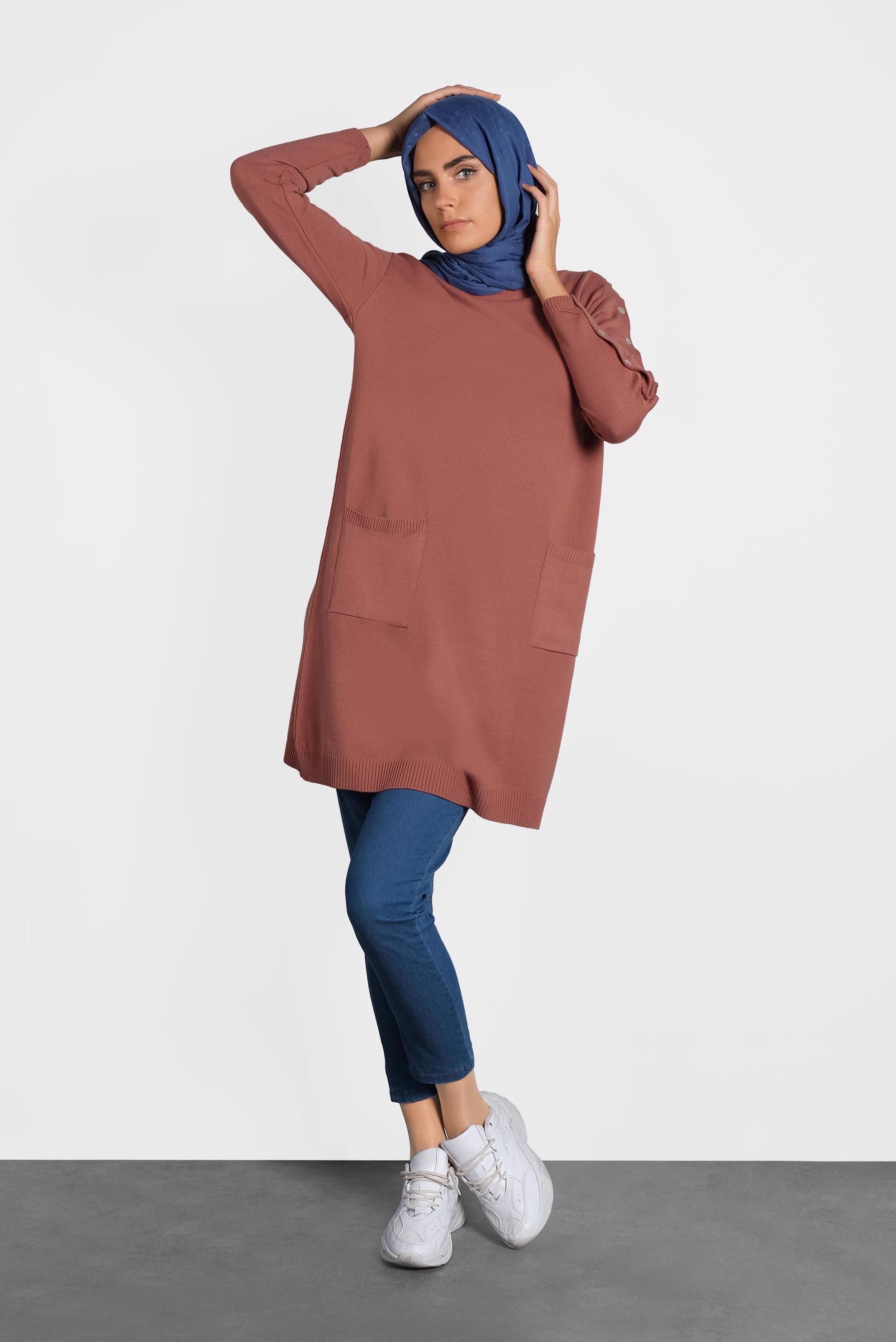 Tesettür giyim PEMBE DÜĞMELİ CEPLİ TRİKO TUNİK 40033