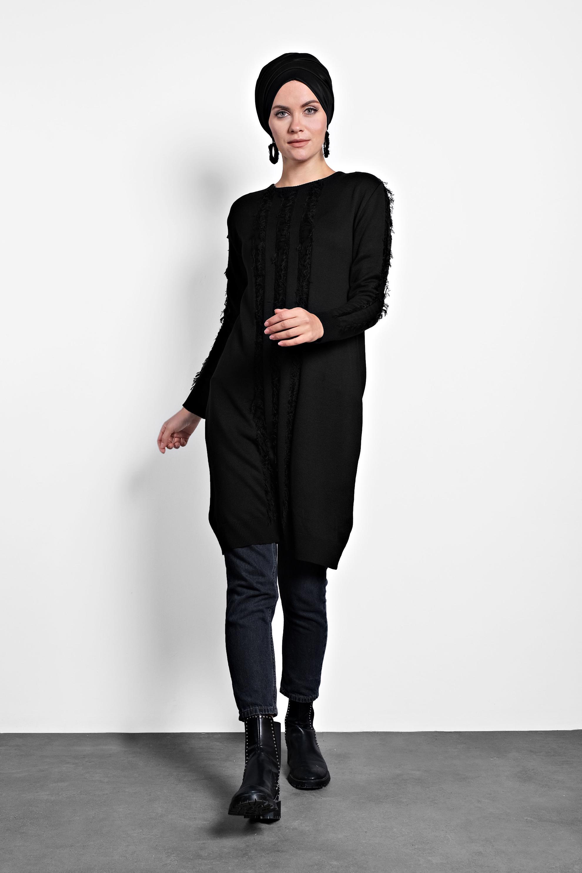 Tesettür giyim SİYAH SAÇAKLI TRİKO TUNİK 40034  