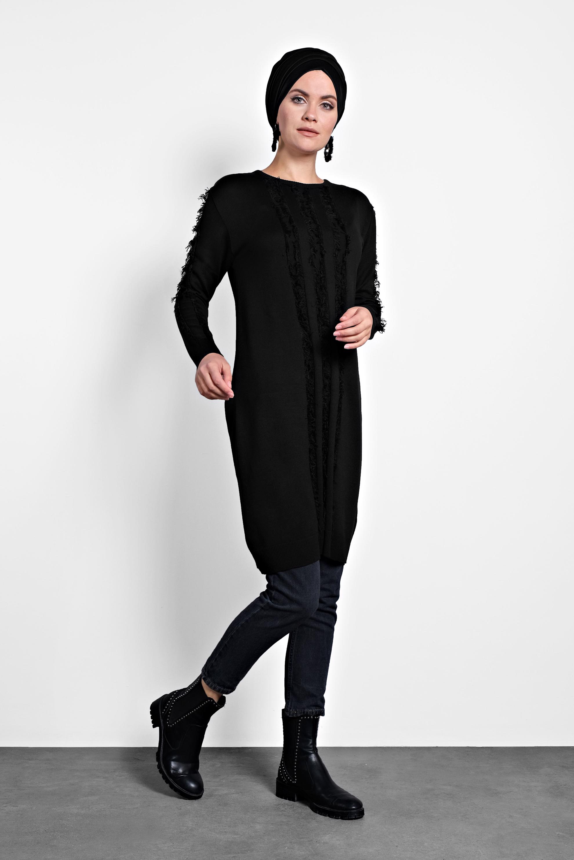 Tesettür giyim SİYAH SAÇAKLI TRİKO TUNİK 40034  