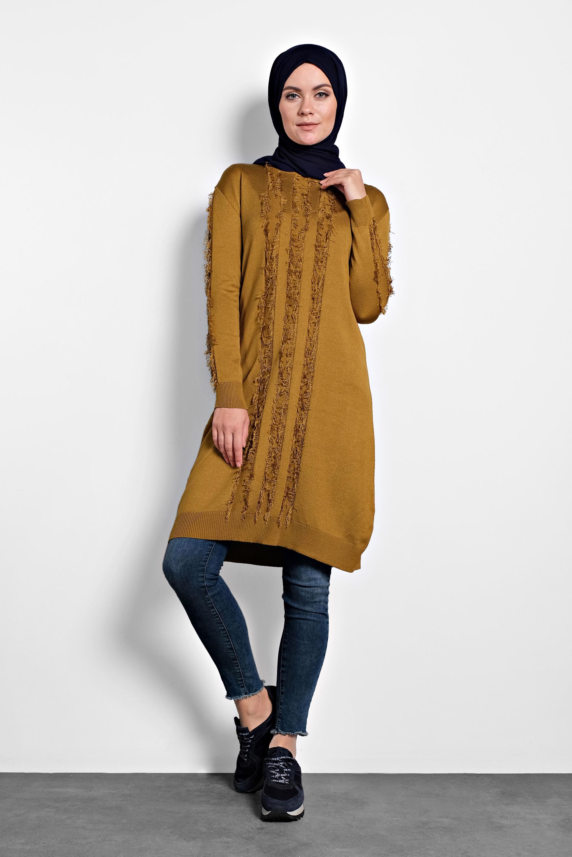 Tesettür giyim SARI SAÇAKLI TRİKO TUNİK 40034  