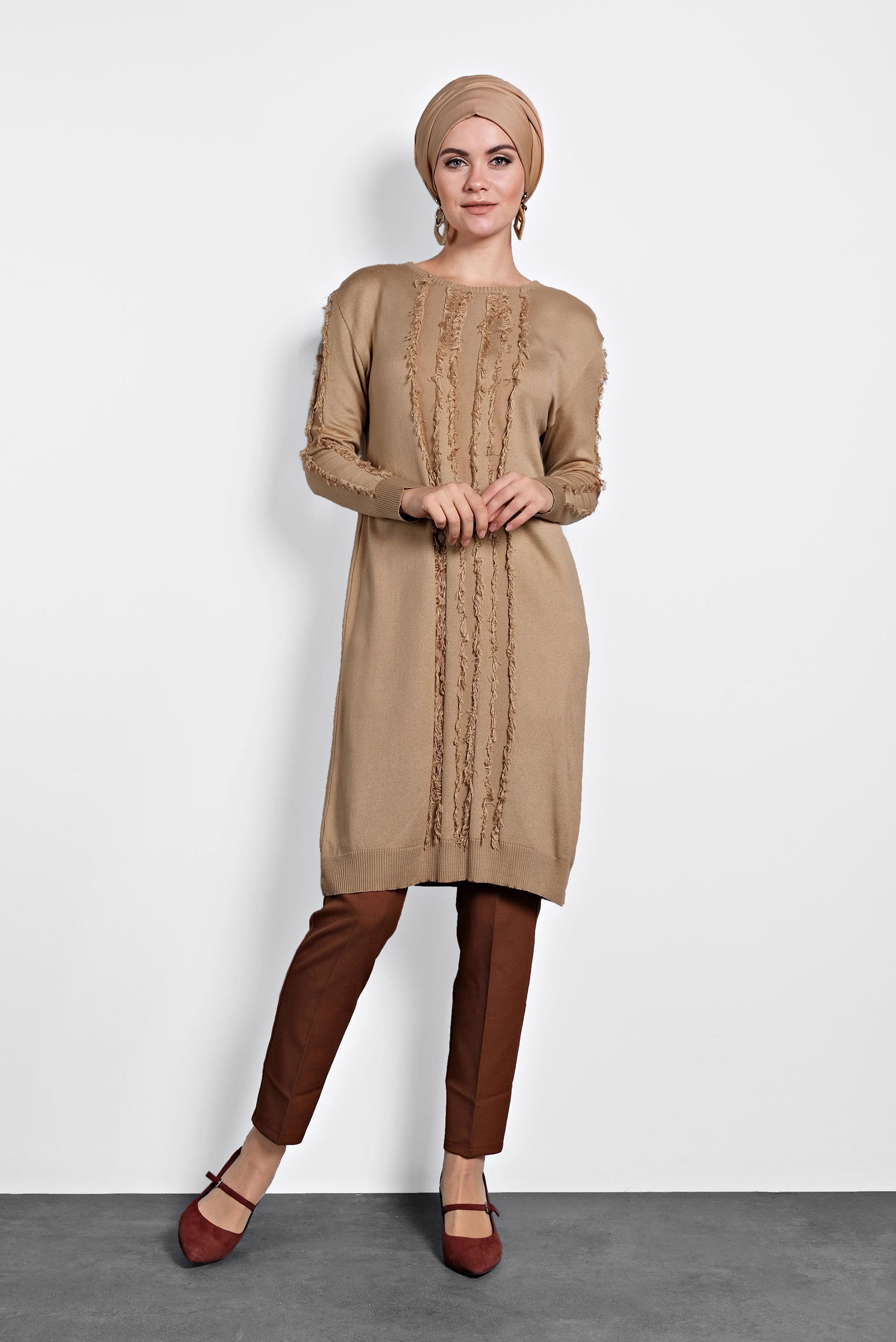 Tesettür giyim KAHVE SAÇAKLI TRİKO TUNİK 40034  