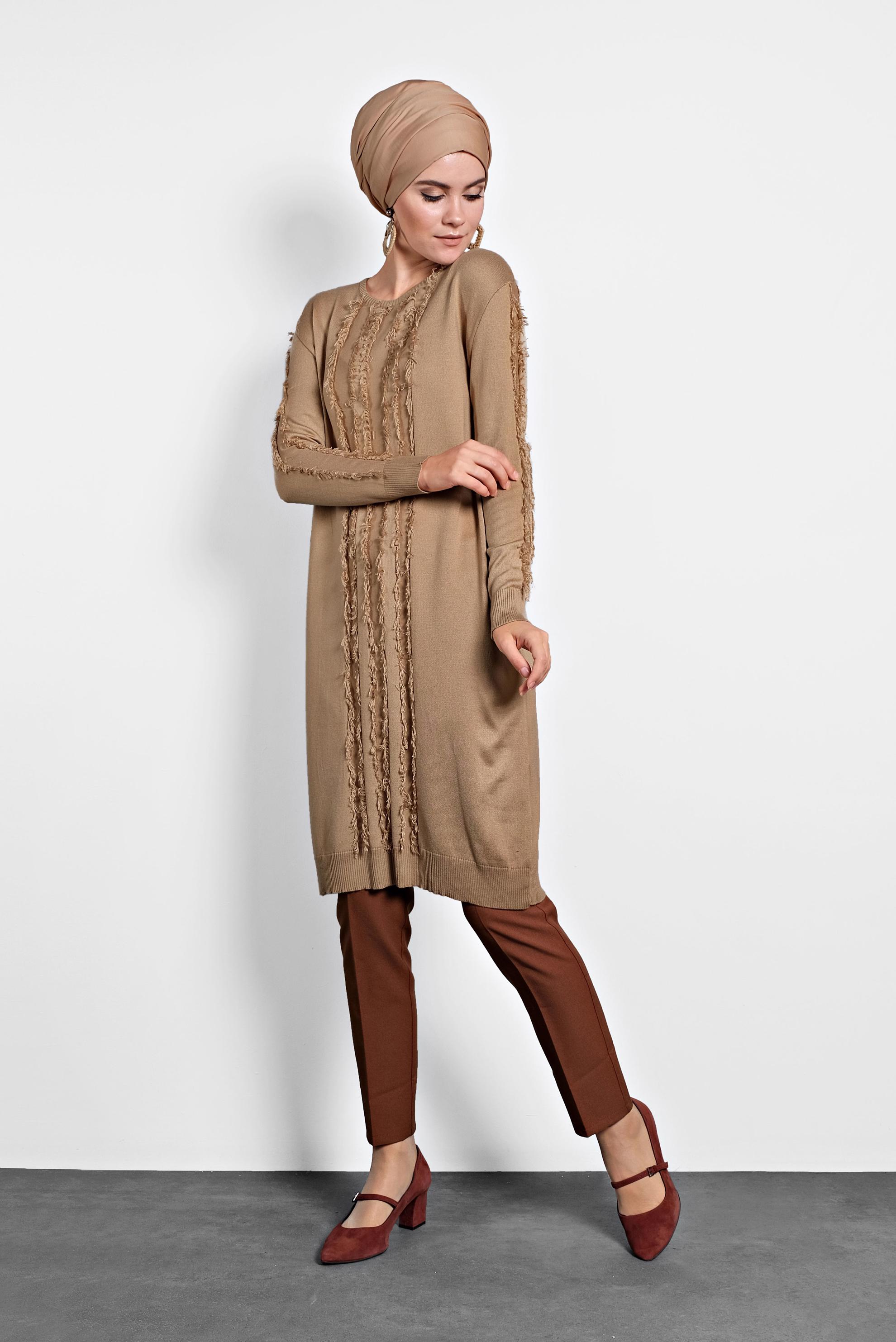 Tesettür giyim KAHVE SAÇAKLI TRİKO TUNİK 40034  